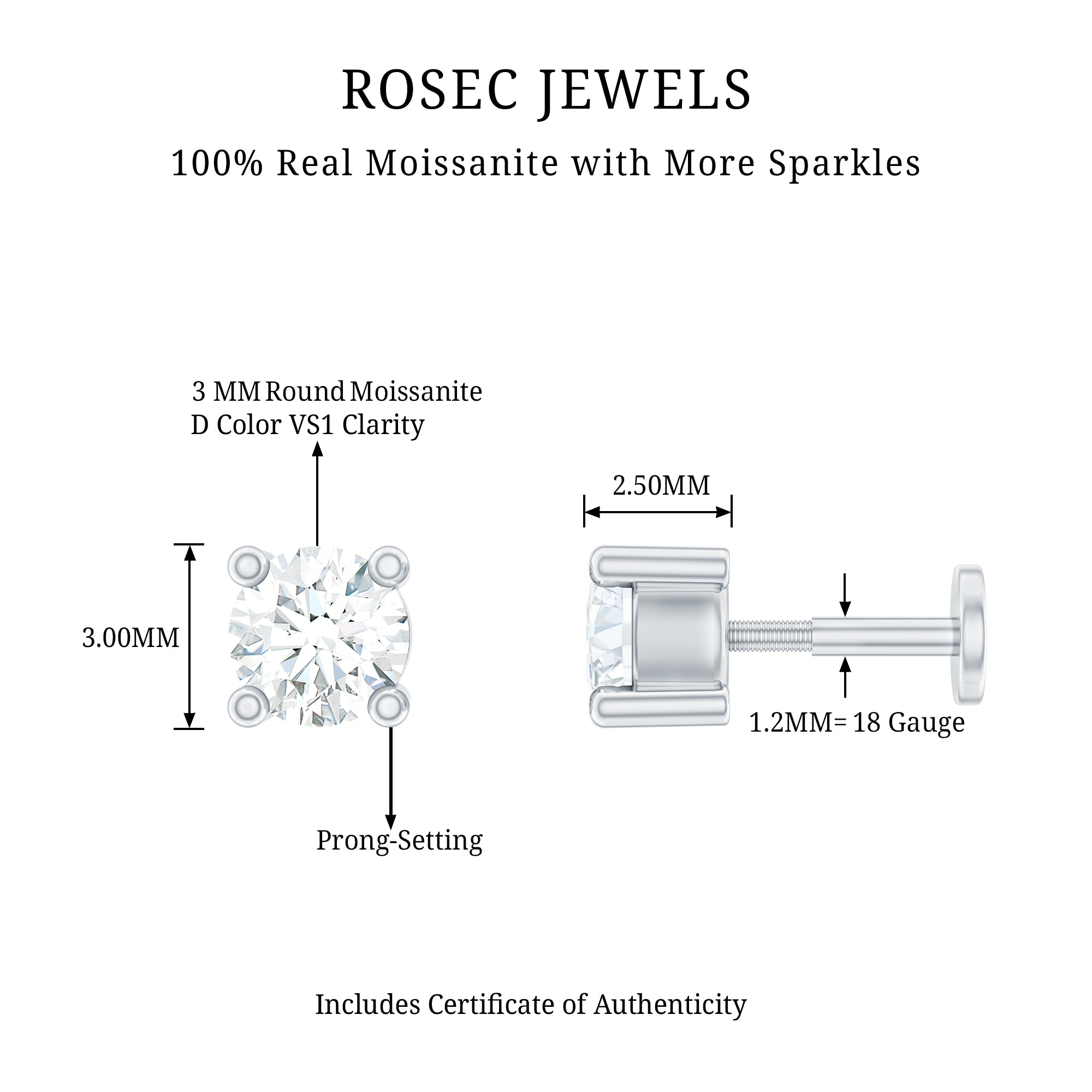 Dainty Moissanite Solitaire Conch Earring D-VS1 - Rosec Jewels