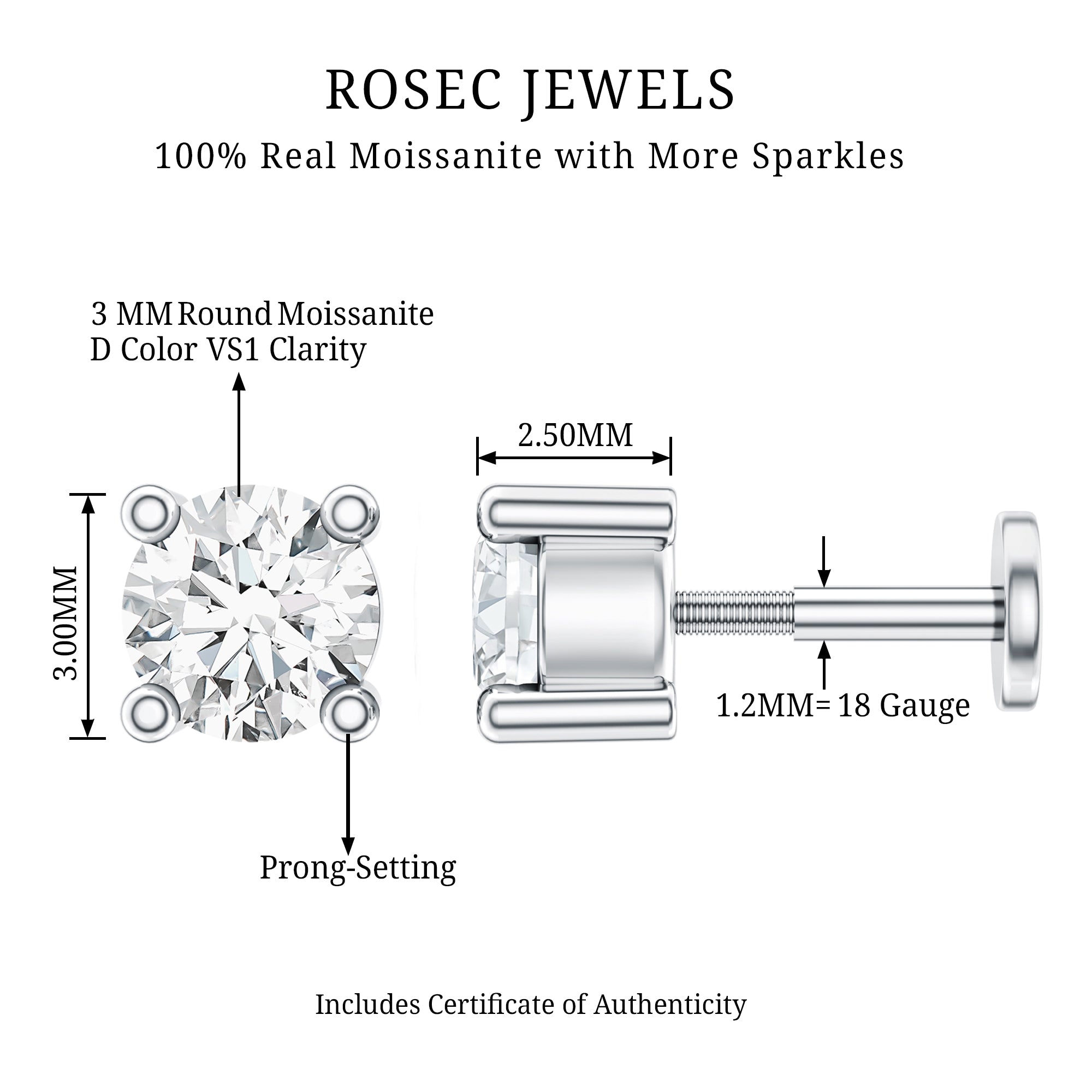 Dainty Moissanite Solitaire Conch Earring D-VS1 - Rosec Jewels