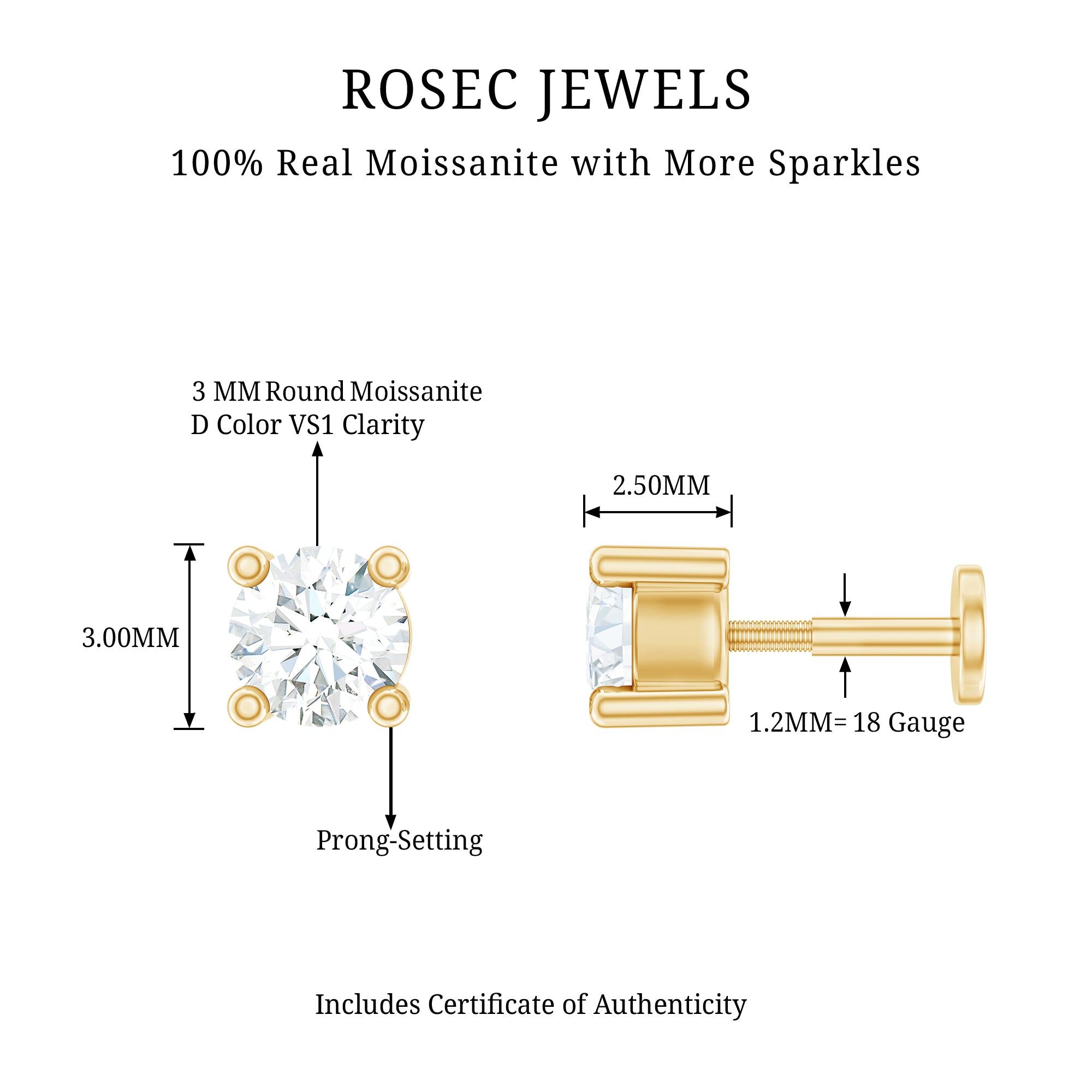 Dainty Moissanite Solitaire Conch Earring D-VS1 - Rosec Jewels