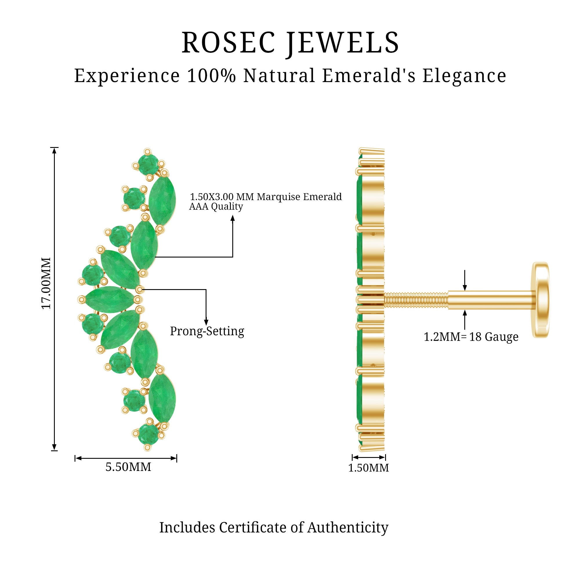 Natural Marquise Emerald Crawler Cartilage Earring AAA - Rosec Jewels