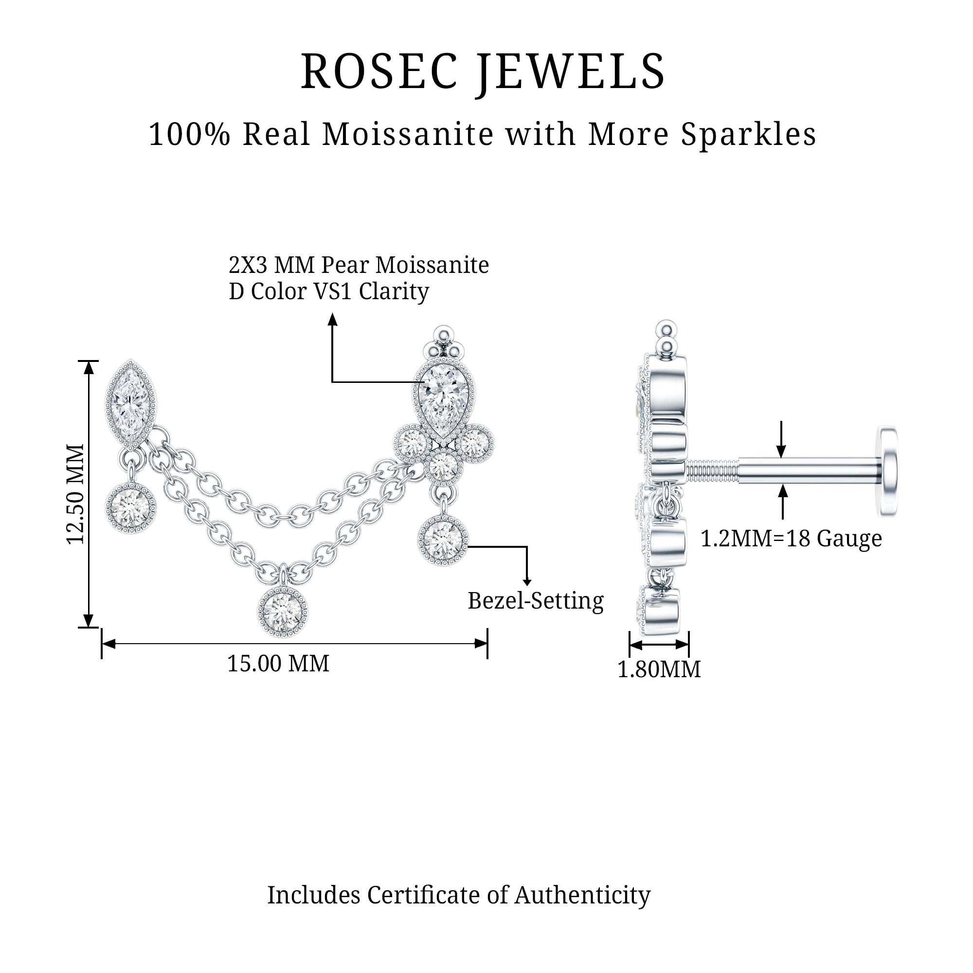Certified Moissanite Double Chain Earring for Helix Piercing D-VS1 - Rosec Jewels