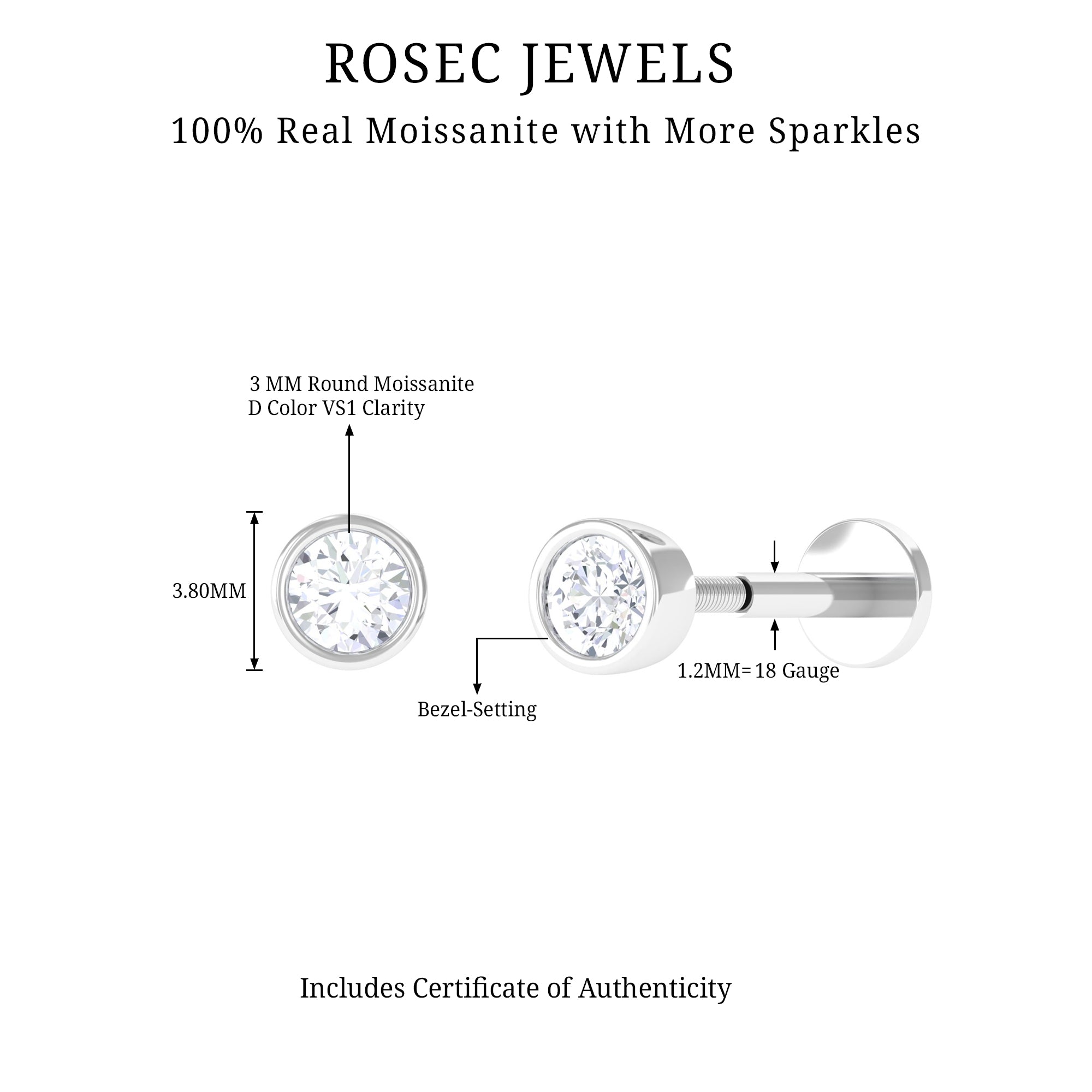 Dainty Moissanite Conch Cartilage Earring in Bezel Setting D-VS1 - Rosec Jewels