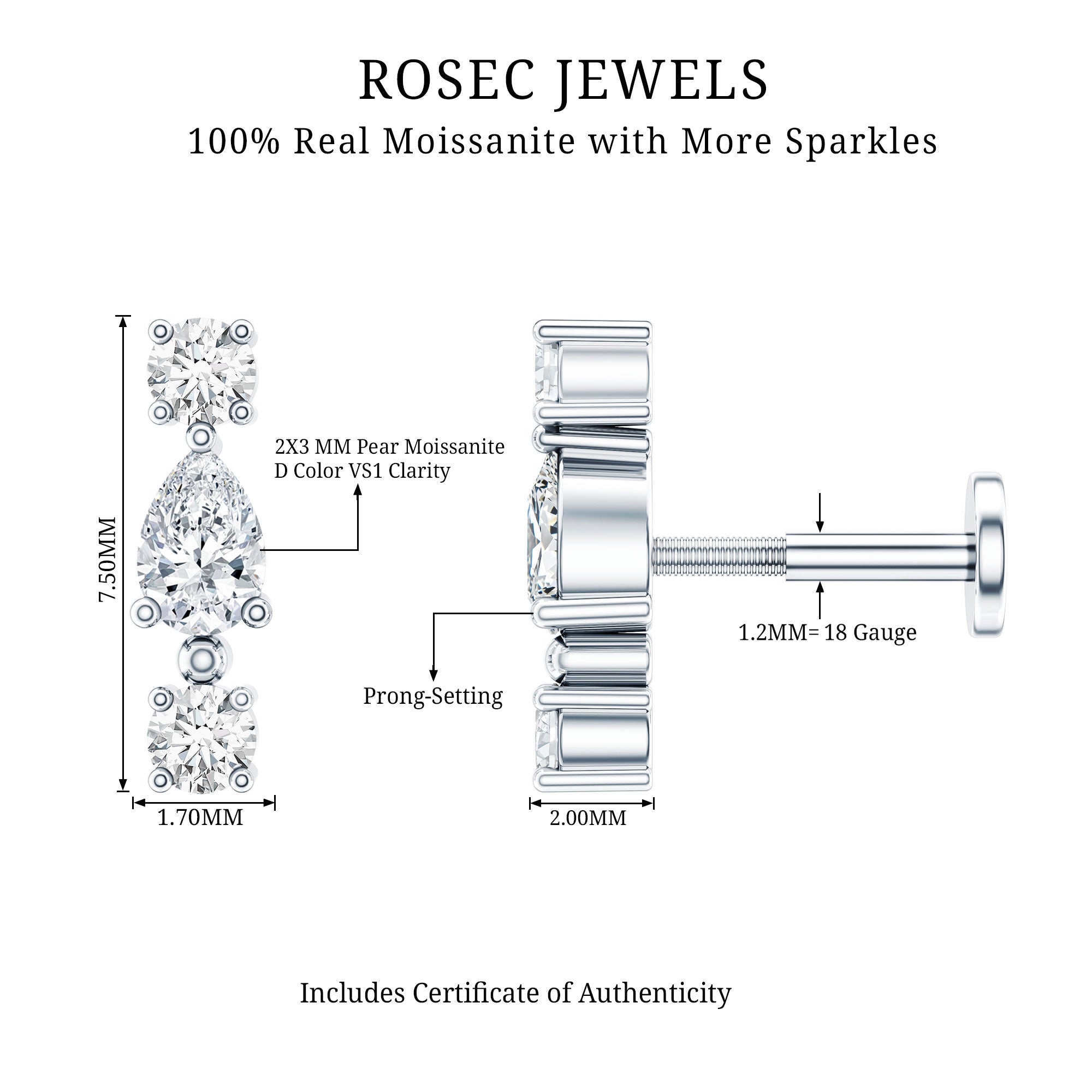 Certified Moissanite 3 Stone Tragus Earring D-VS1 - Rosec Jewels
