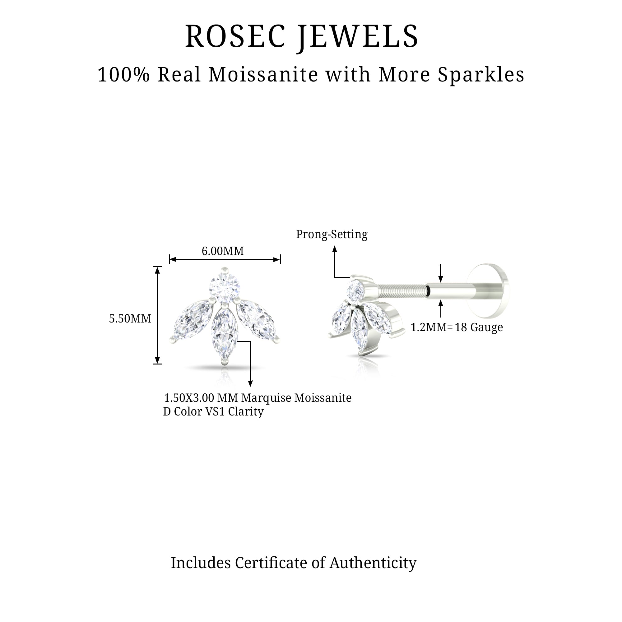 Certified Moissanite Leaf Piercing Earring D-VS1 - Rosec Jewels
