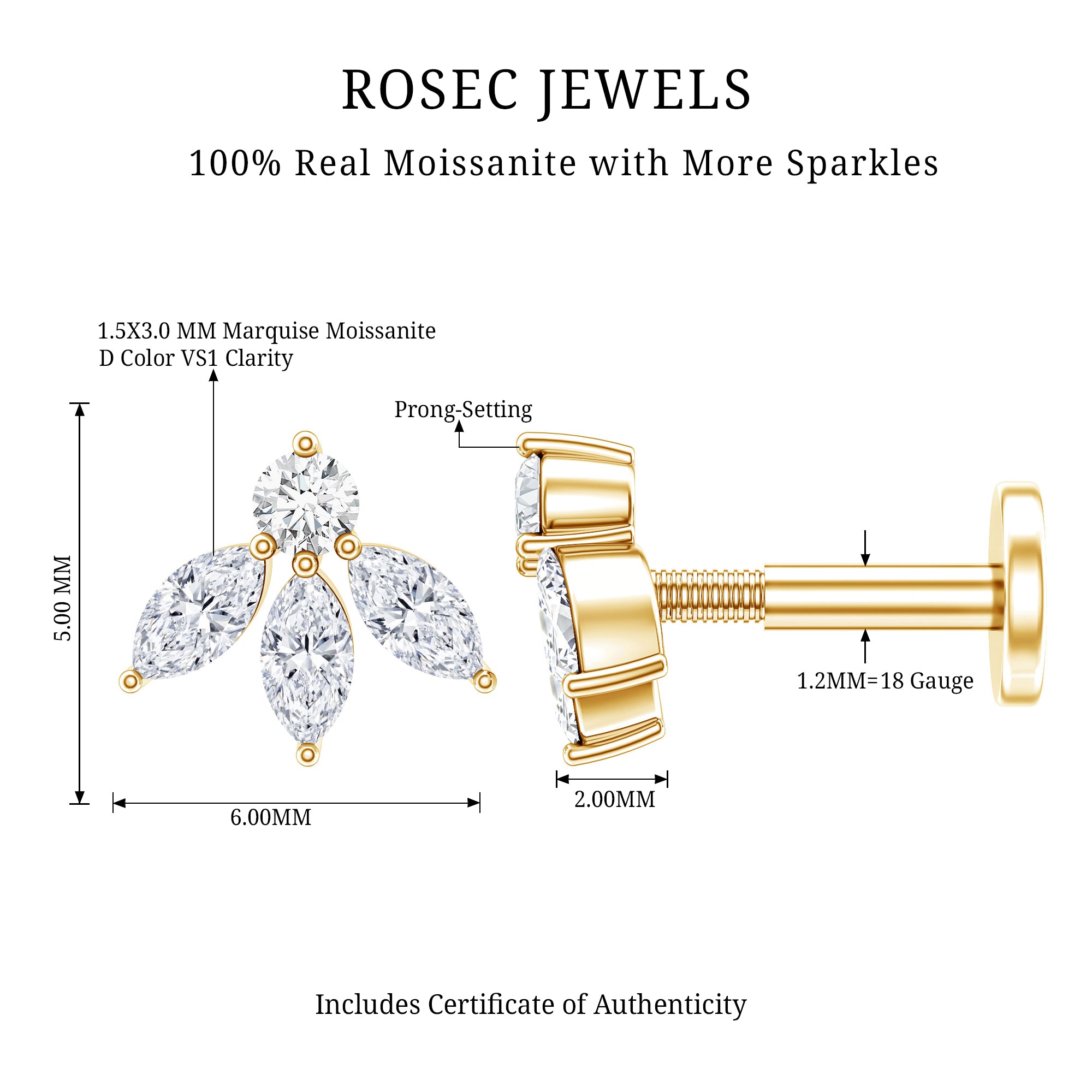 Certified Moissanite Leaf Piercing Earring D-VS1 - Rosec Jewels