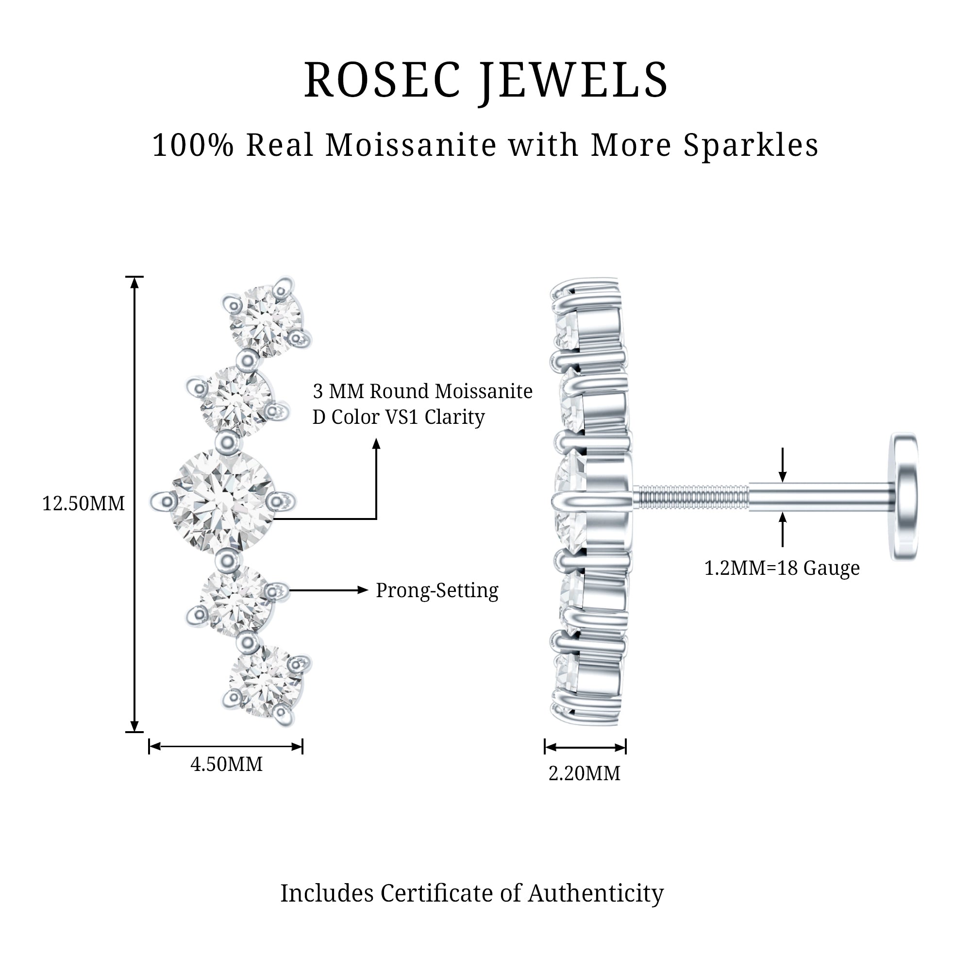 Certified Moissanite Curved Crawler Earring with Flat Back D-VS1 - Rosec Jewels