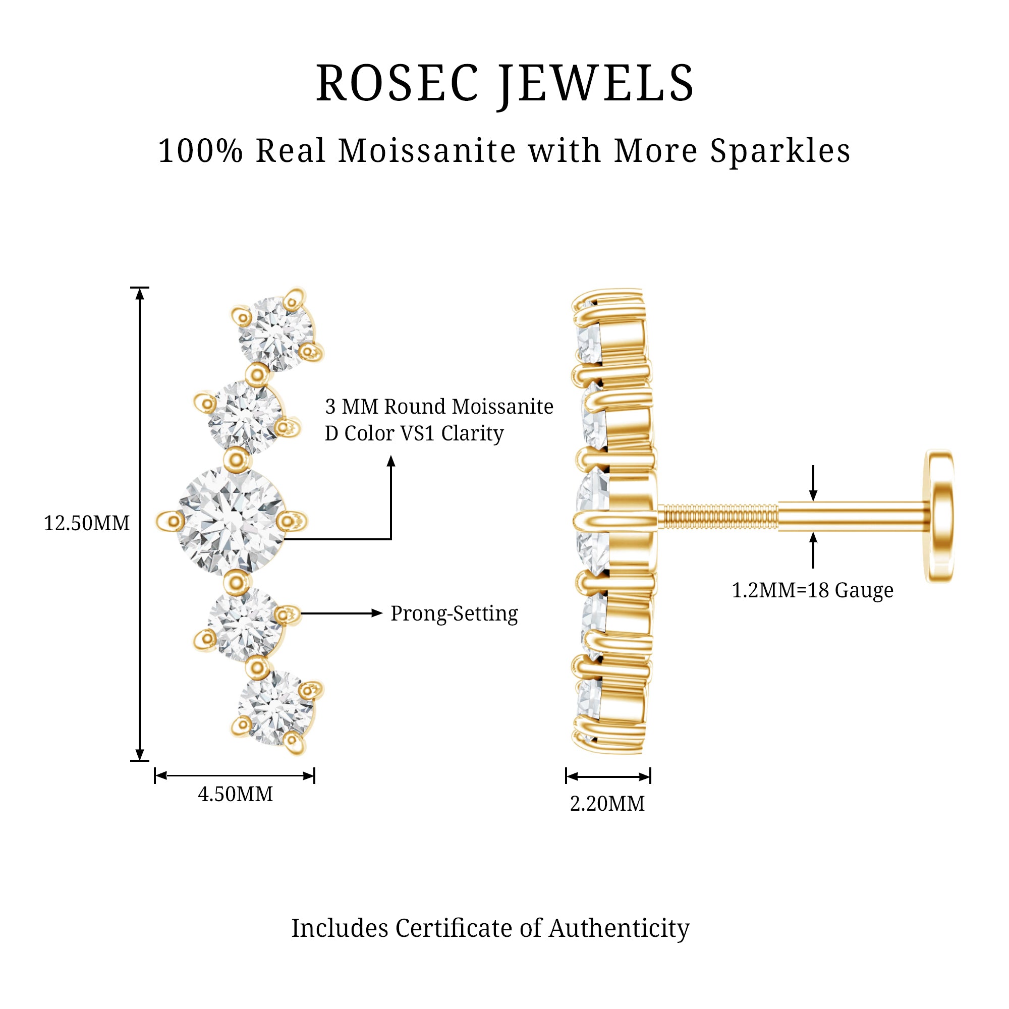 Certified Moissanite Curved Crawler Earring with Flat Back D-VS1 - Rosec Jewels