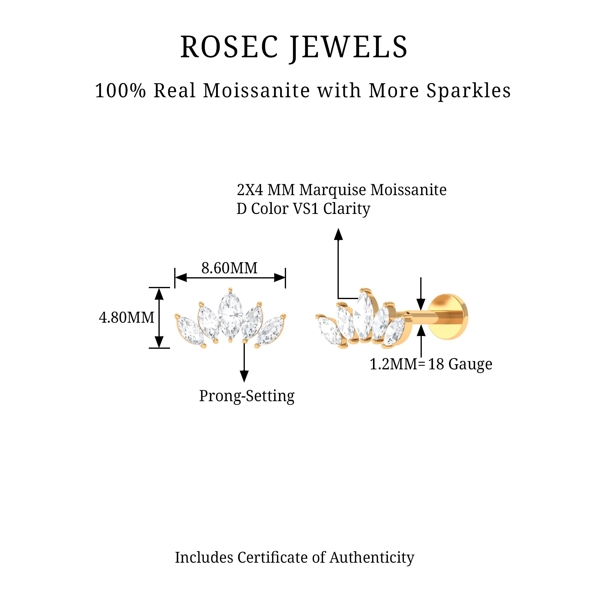 Marquise Moissanite Leaf Ear Crawler Earring D-VS1 - Rosec Jewels