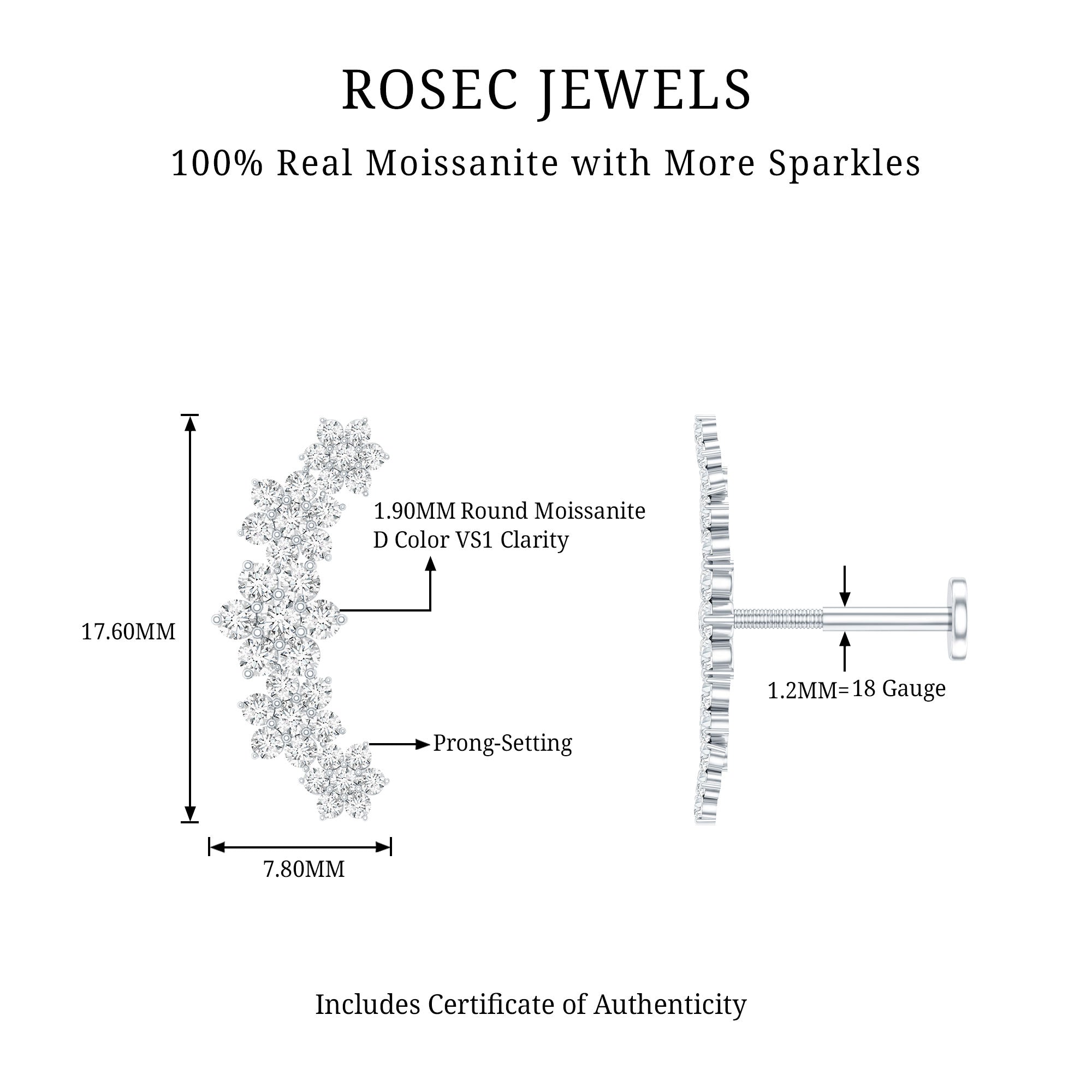 Exquisite Moissanite Flower Inspired Crawler Earring D-VS1 - Rosec Jewels