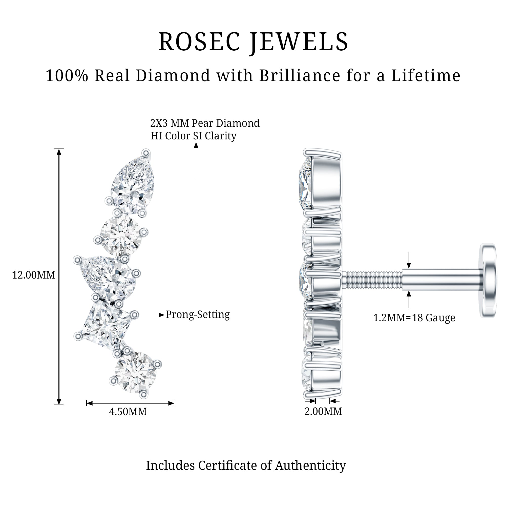 Unique Diamond Crawler Earring for Helix Piercing Natural - ( HI-SI ) - Rosec Jewels