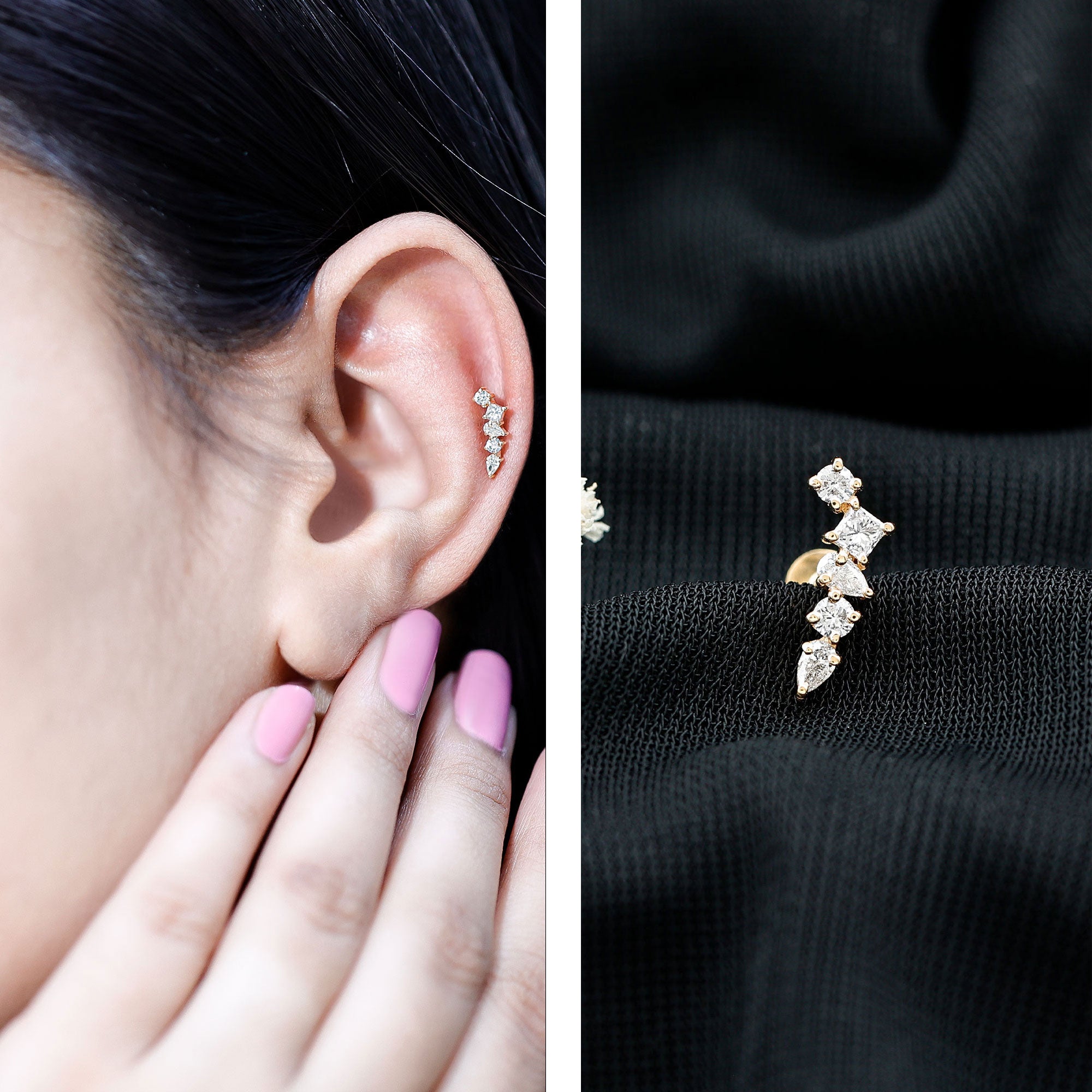 Unique Diamond Crawler Earring for Helix Piercing Natural - ( HI-SI ) - Rosec Jewels