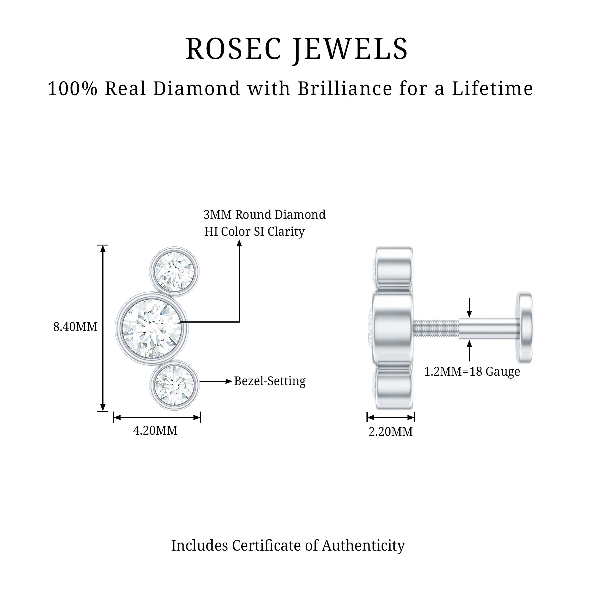 Bezel Set Diamond Three Stone Earring for Helix Piercing Natural - ( HI-SI ) - Rosec Jewels