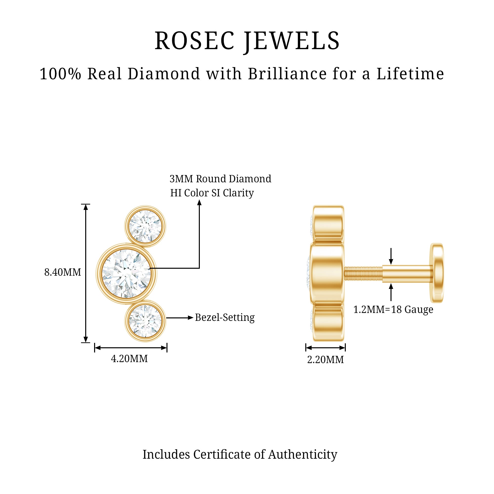 Bezel Set Diamond Three Stone Earring for Helix Piercing Natural - ( HI-SI ) - Rosec Jewels