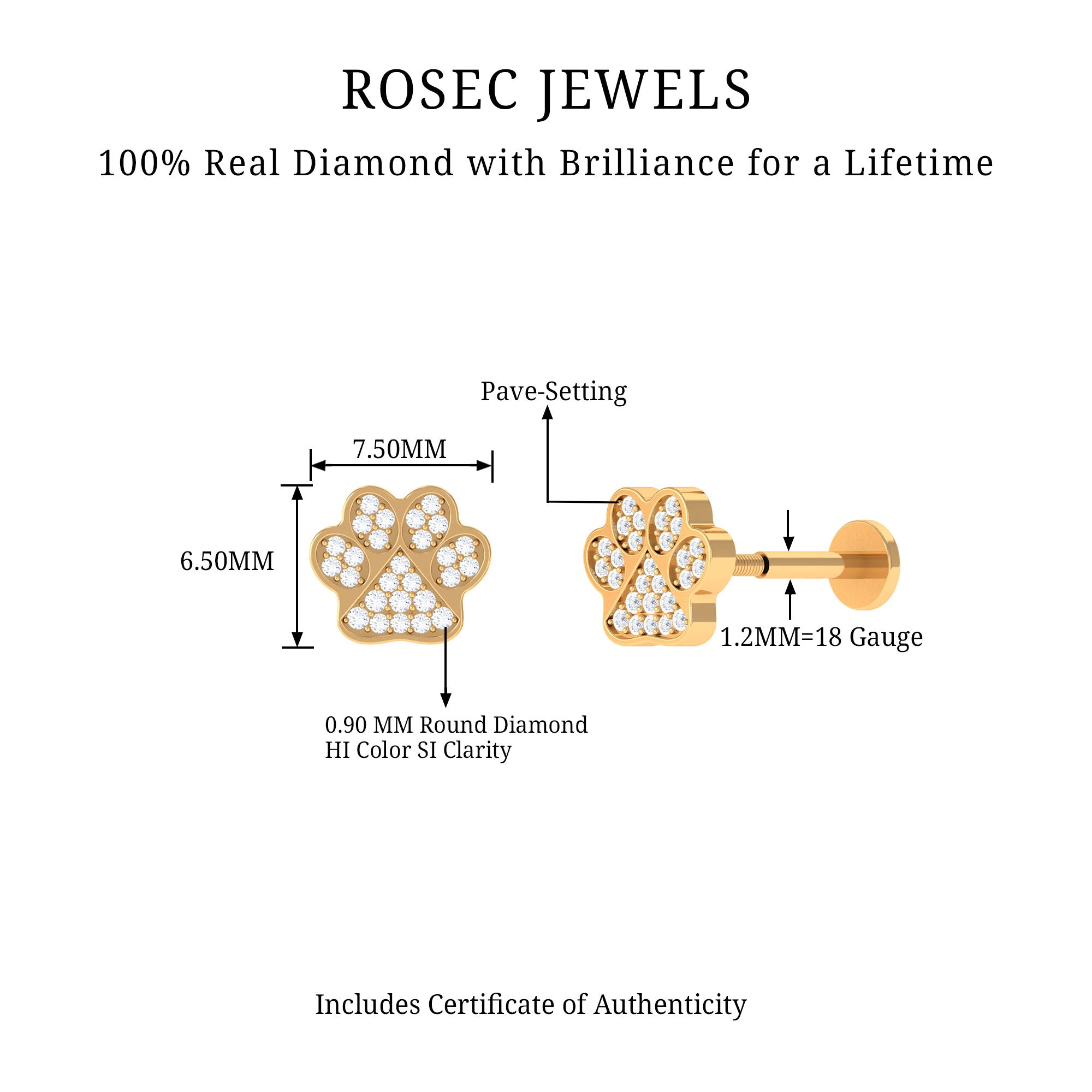 Certified Diamond Paw Cartilage Earring Natural - ( HI-SI ) - Rosec Jewels