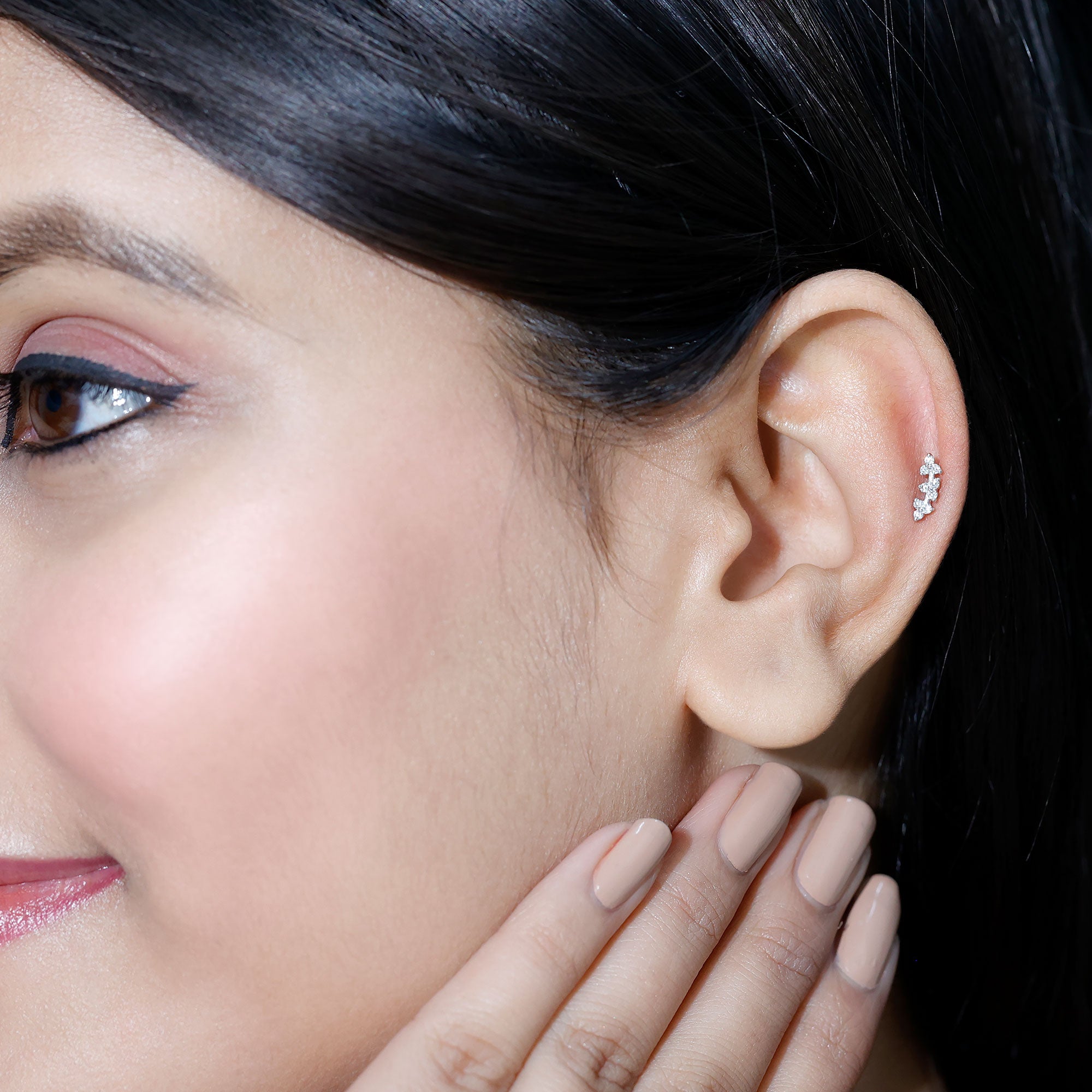 Rosec Jewels-Simple Diamond Curved Helix Earring with Flat Back