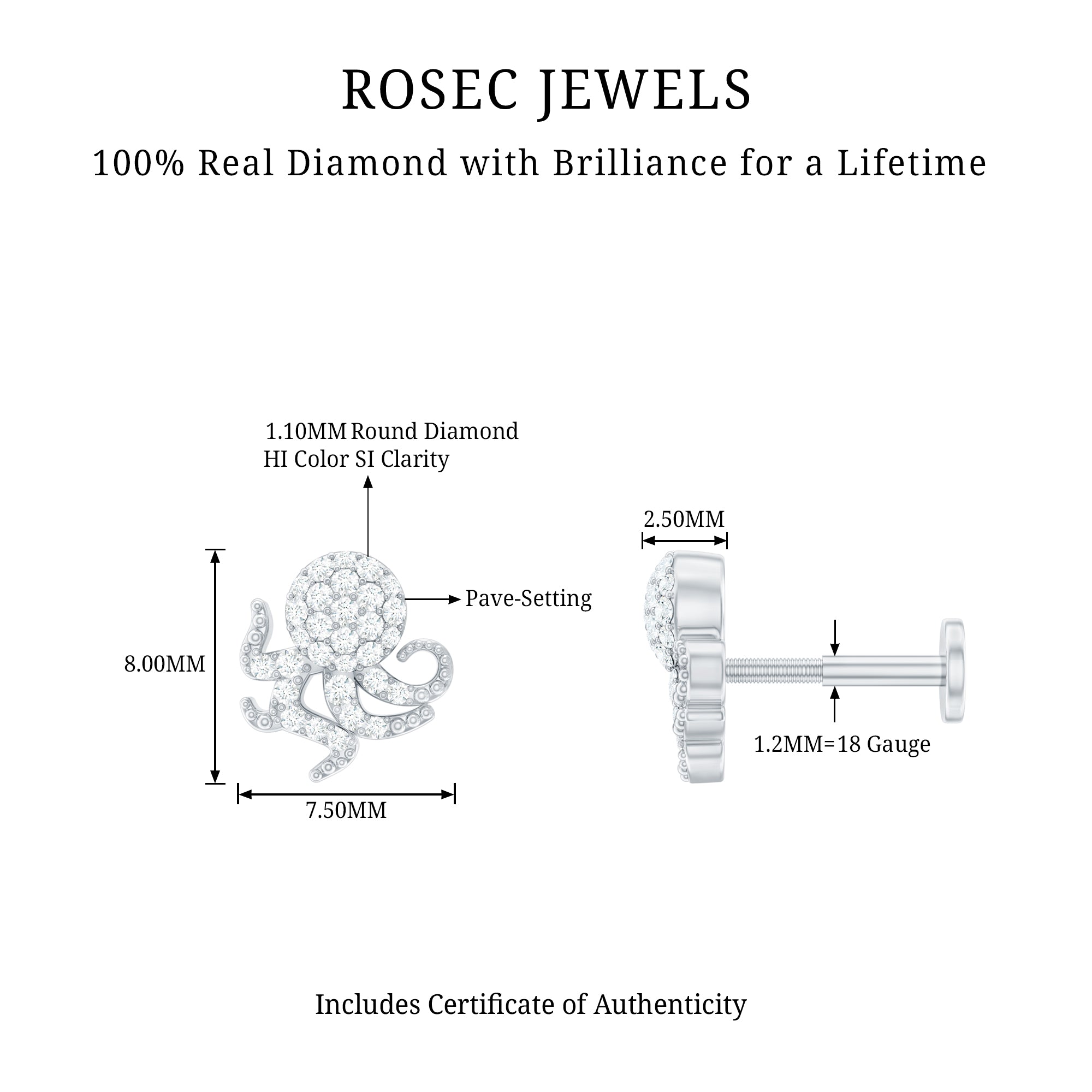 Diamond Octopus Earring with Flat Back Natural - ( HI-SI ) - Rosec Jewels