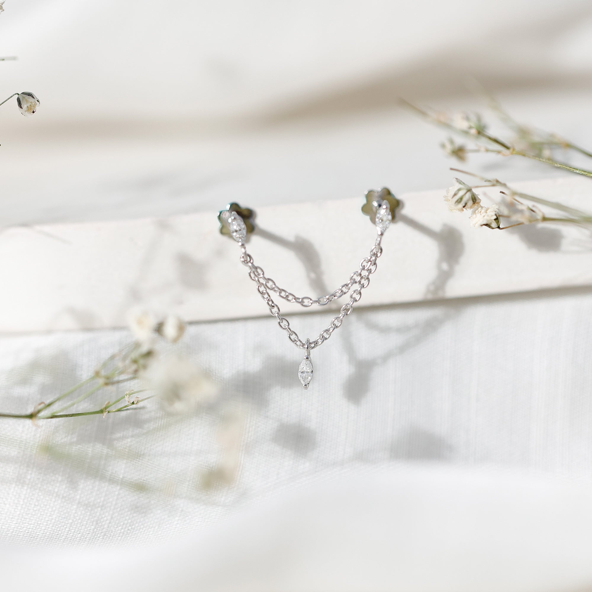 Marquise Diamond Double Piercing Earring with Dangling Chain Natural - ( HI-SI ) - Rosec Jewels