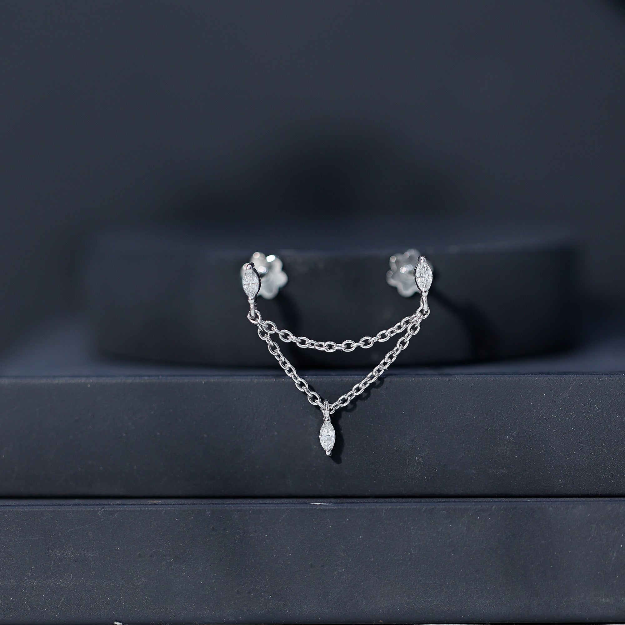 Marquise Diamond Double Piercing Earring with Dangling Chain Natural - ( HI-SI ) - Rosec Jewels