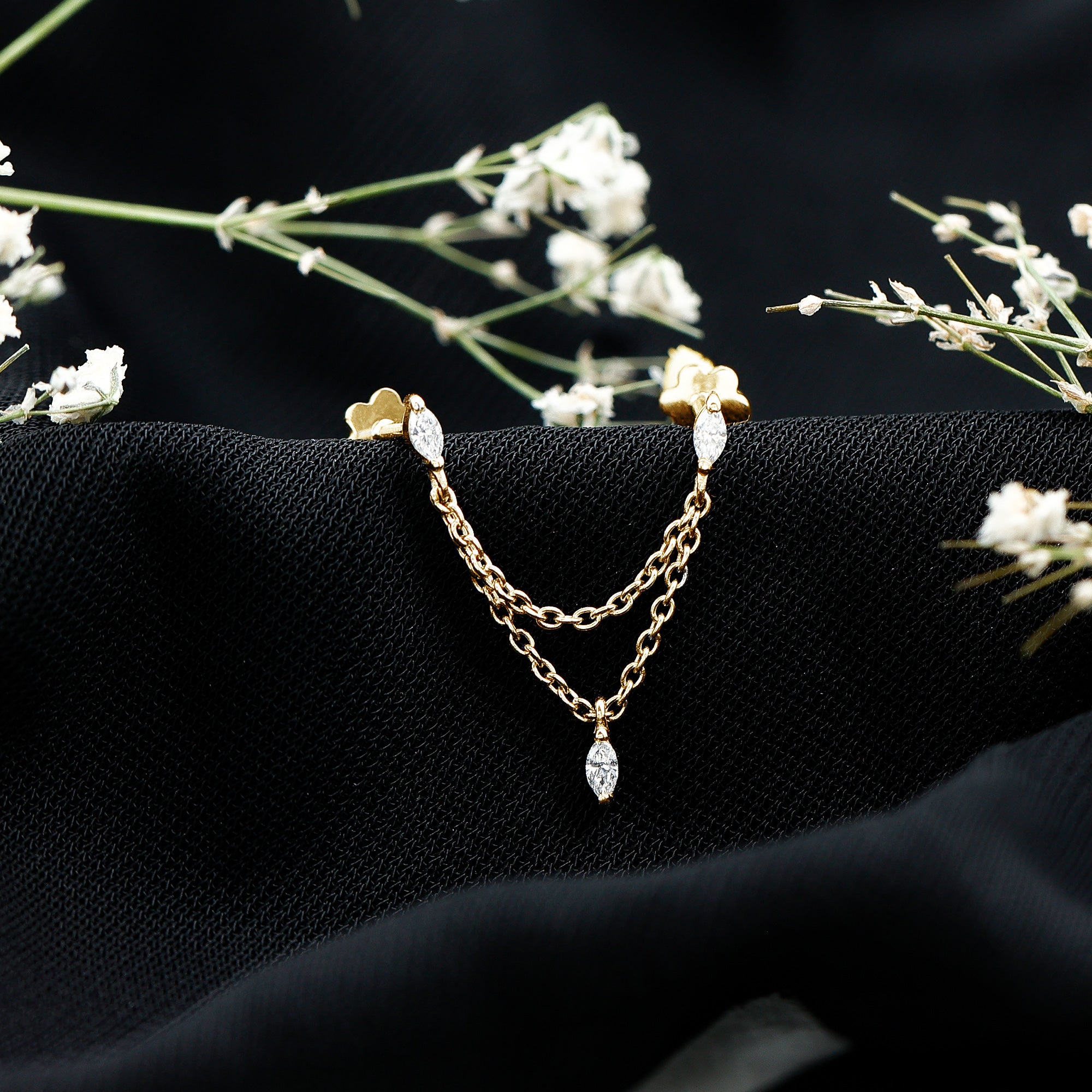 Marquise Diamond Double Piercing Earring with Dangling Chain Natural - ( HI-SI ) - Rosec Jewels