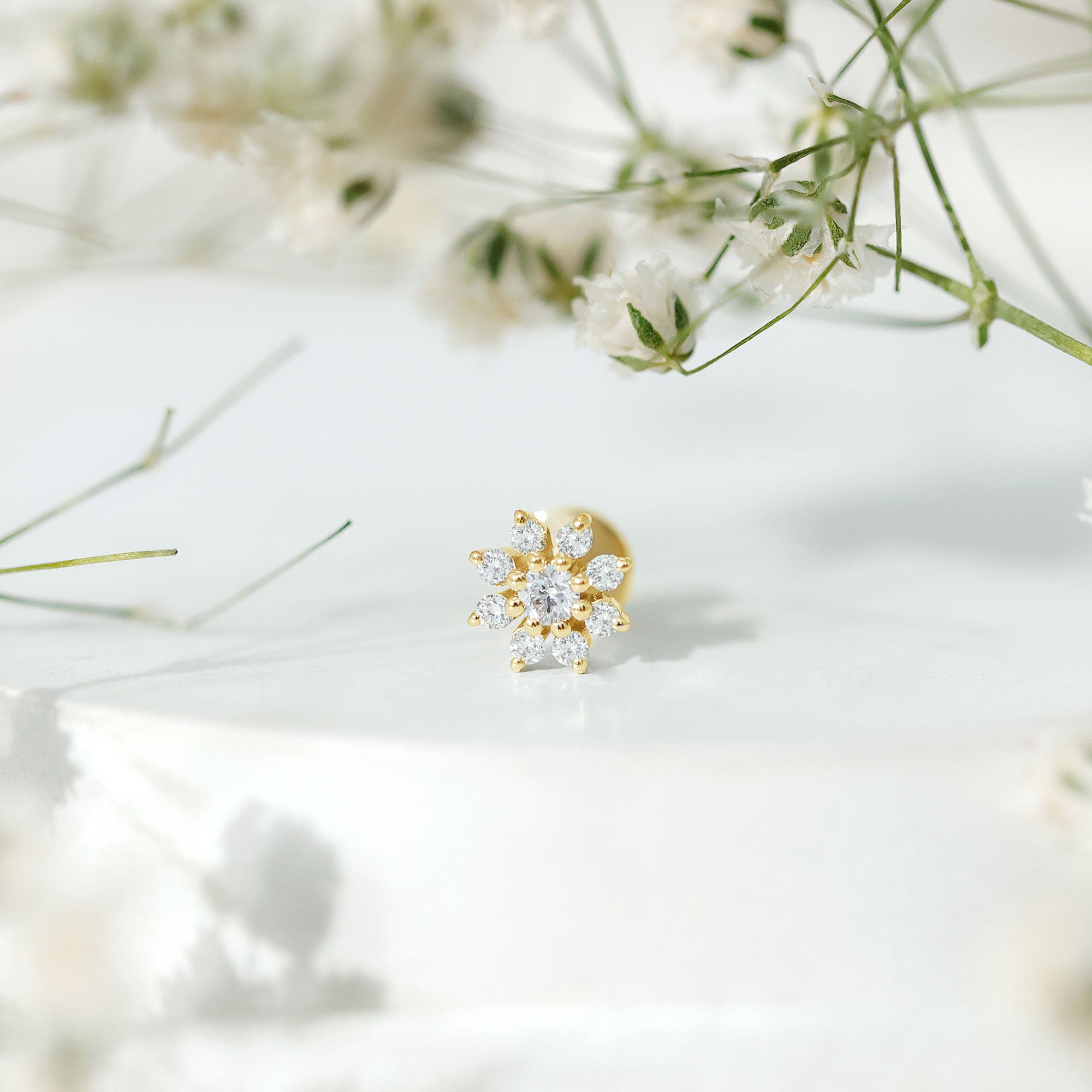 Sparkling Diamond Flower Cartilage Earring with Flat Back Natural - ( HI-SI ) - Rosec Jewels