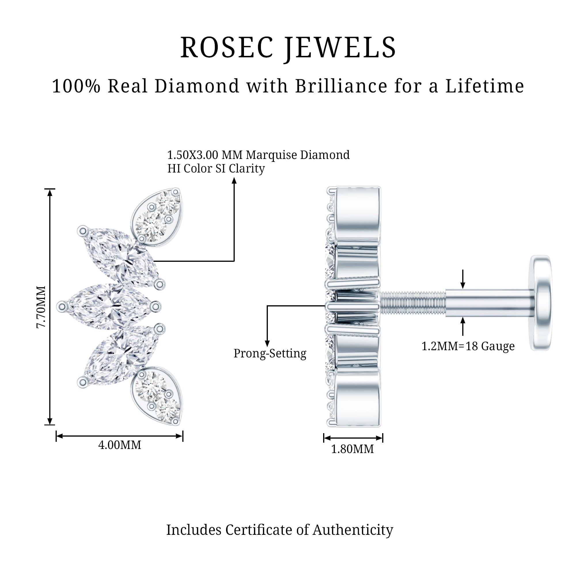 Marquise Diamond Leaf Crawler Earring for Helix Piercing Natural - ( HI-SI ) - Rosec Jewels