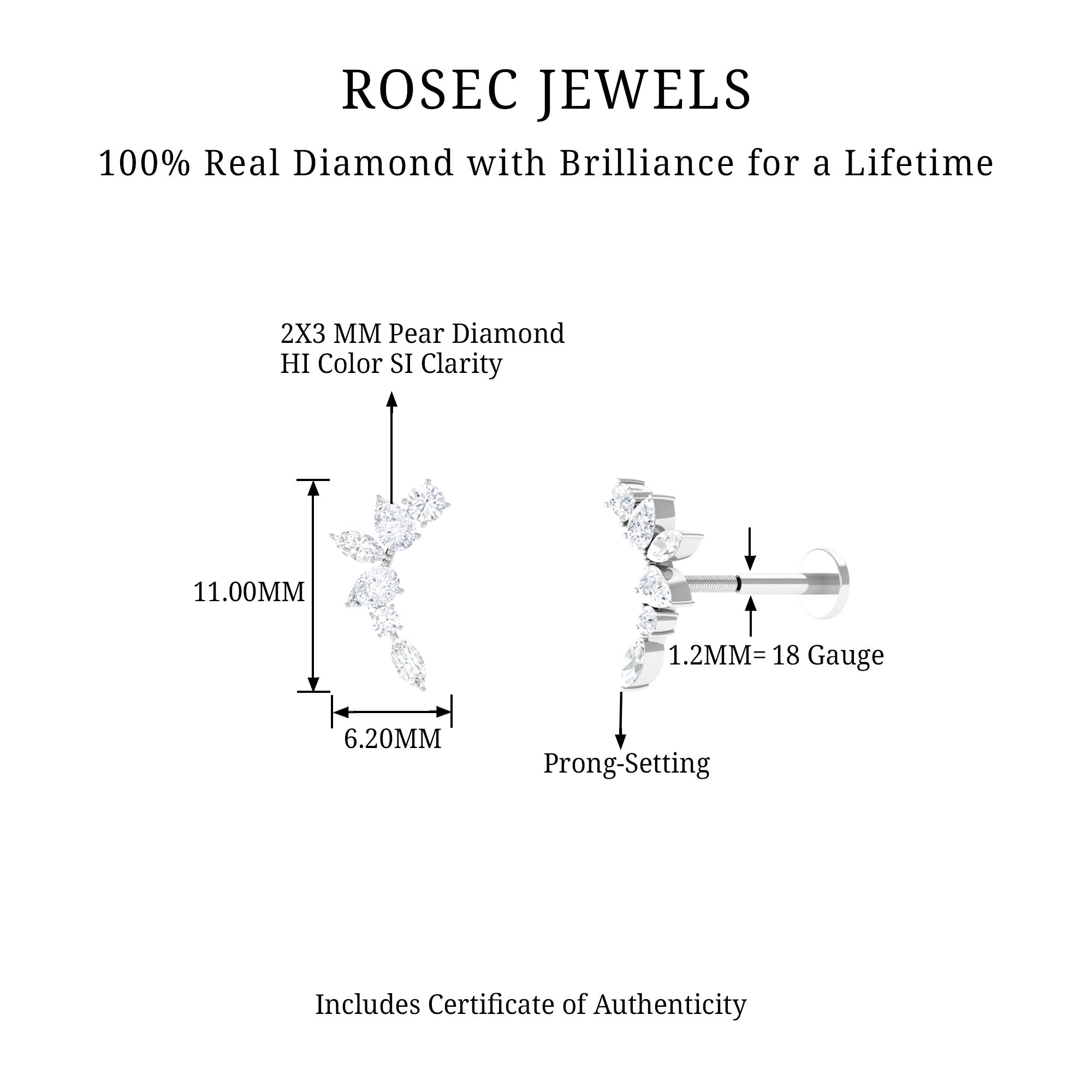 Unique Diamond Ear Crawler Earring for Helix Piercing Natural - ( HI-SI ) - Rosec Jewels