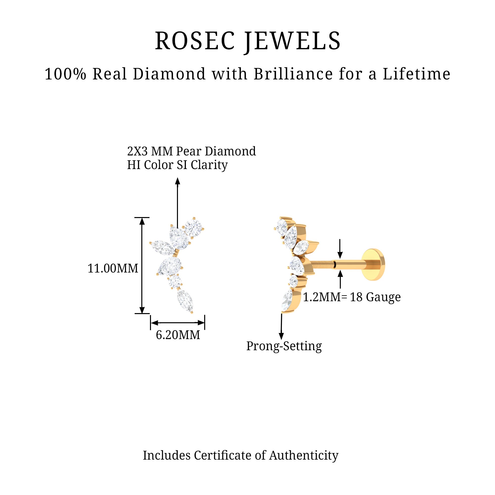 Unique Diamond Ear Crawler Earring for Helix Piercing Natural - ( HI-SI ) - Rosec Jewels