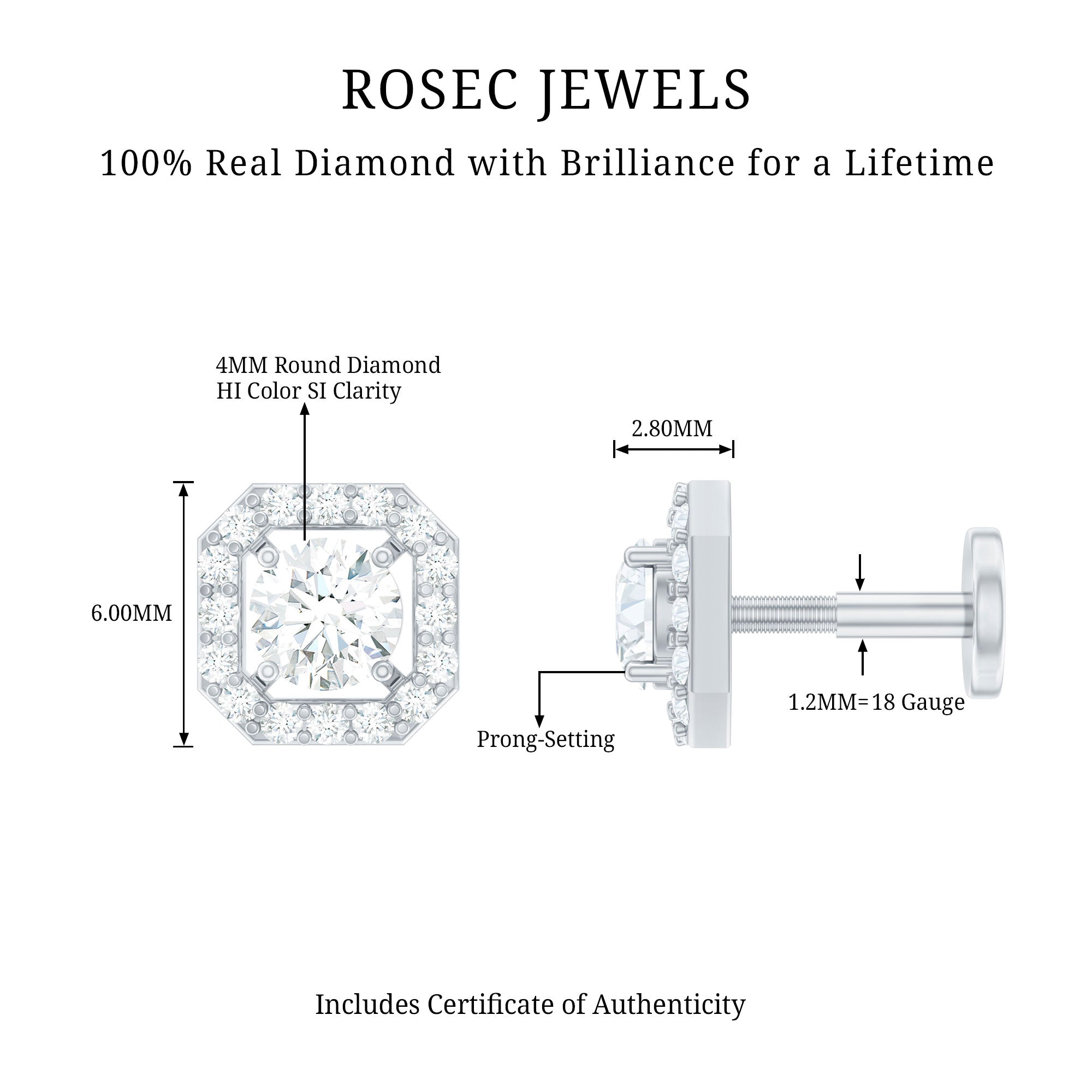 Simple Octagon Shape Diamond Helix Earring Natural - ( HI-SI ) - Rosec Jewels