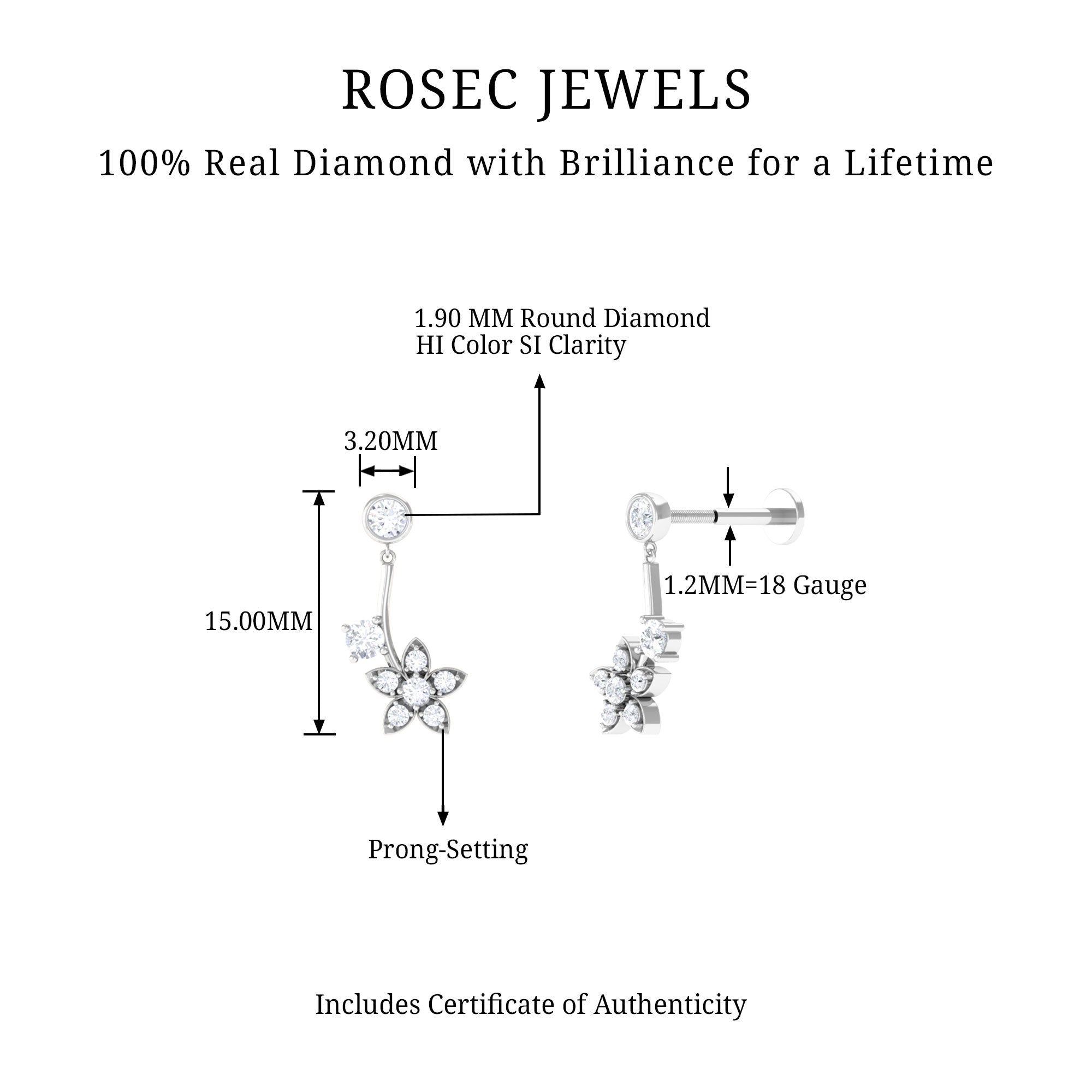 Diamond Floral Drop Earring for Cartilage Piercing Natural - ( HI-SI ) - Rosec Jewels