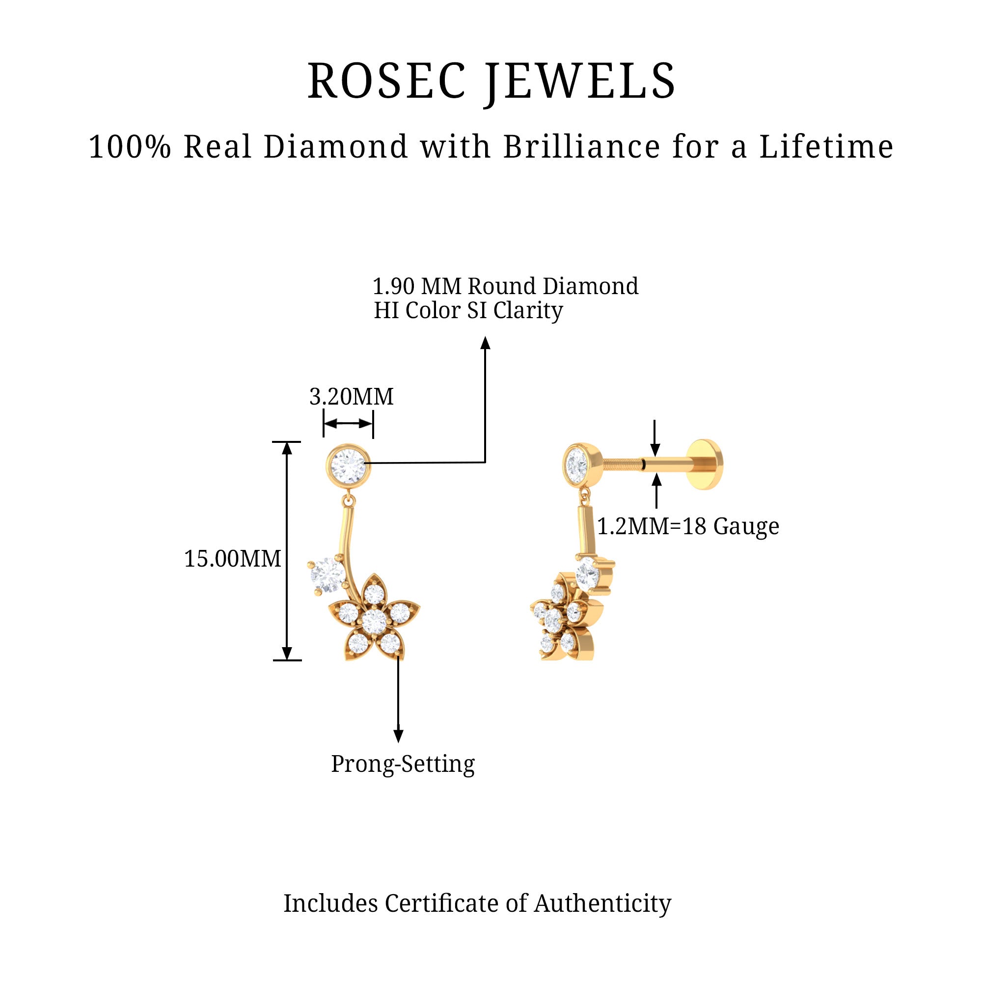 Diamond Floral Drop Earring for Cartilage Piercing Natural - ( HI-SI ) - Rosec Jewels