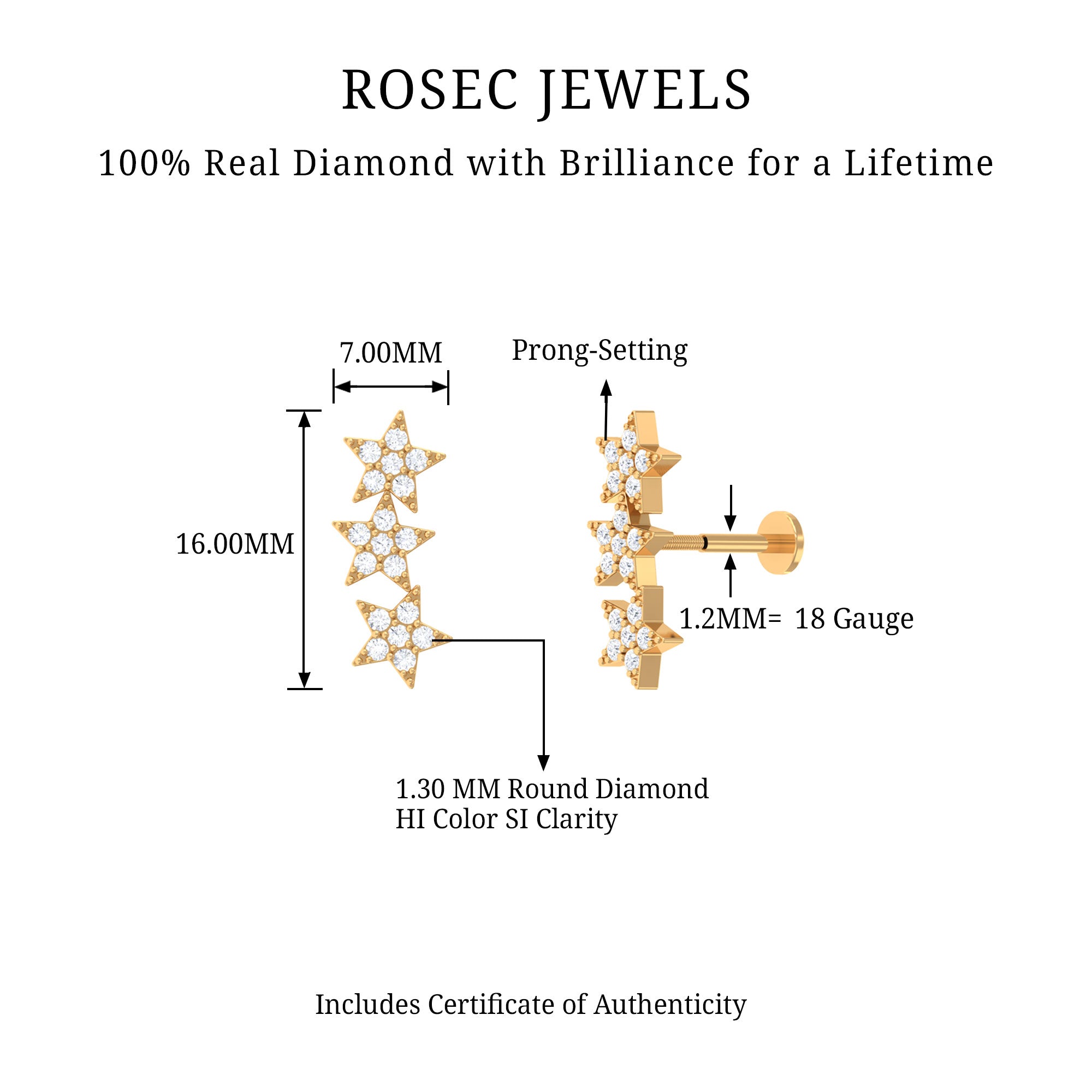 Rosec Jewels-Diamond 3 Star Crawler Earring for Cartilage Piercing