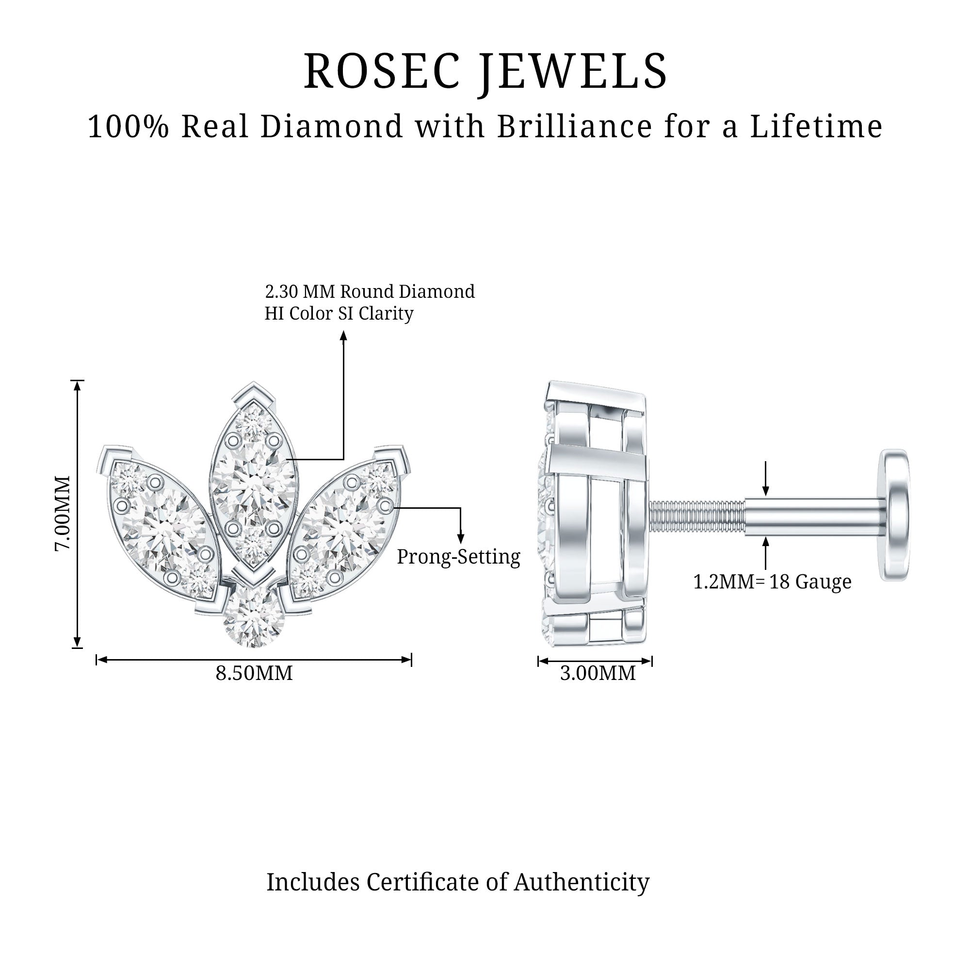 Certified Diamond Lotus Flower Earring with Flat Back Natural - ( HI-SI ) - Rosec Jewels