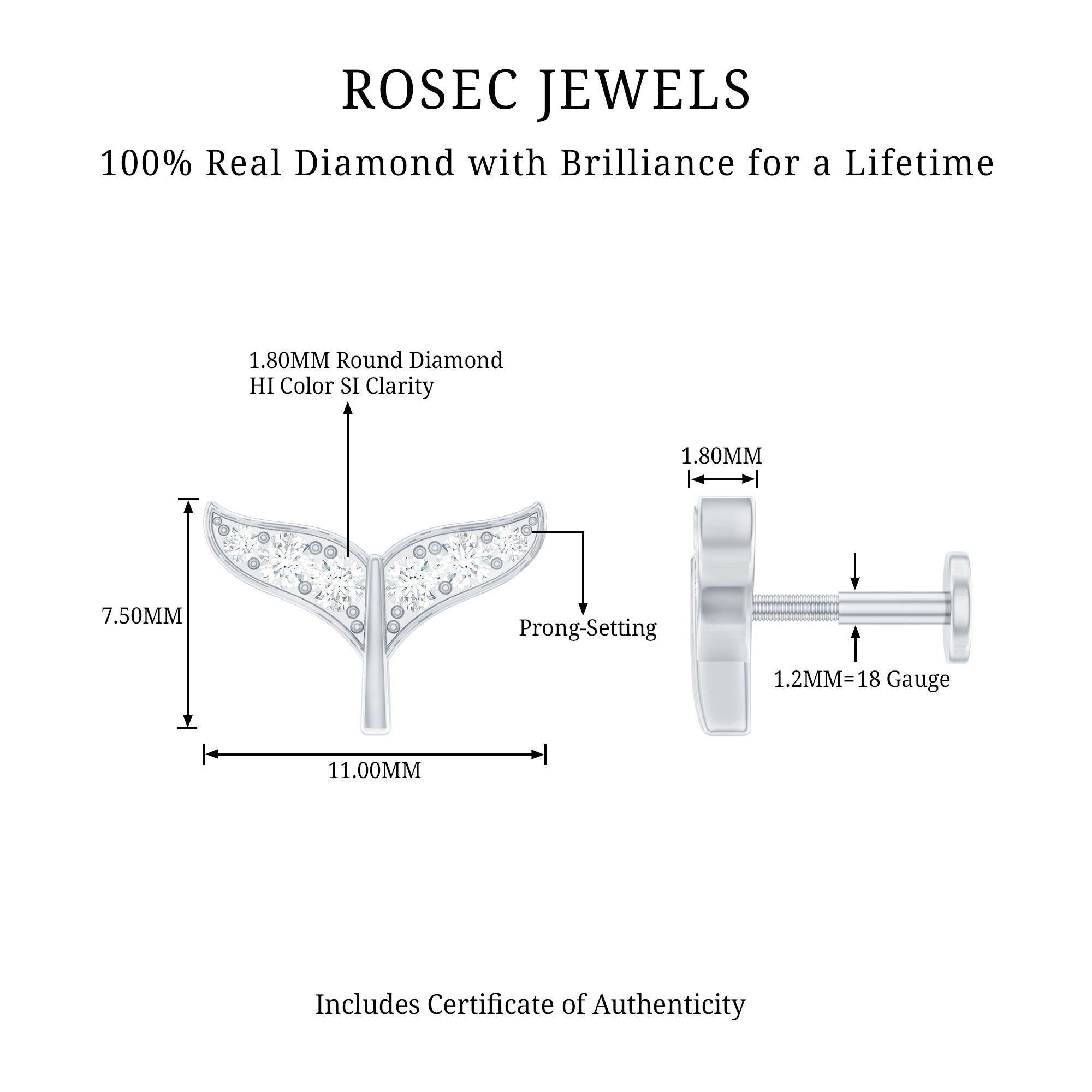 Certified Diamond Whale Tail Earring for Helix Piercing Natural - ( HI-SI ) - Rosec Jewels