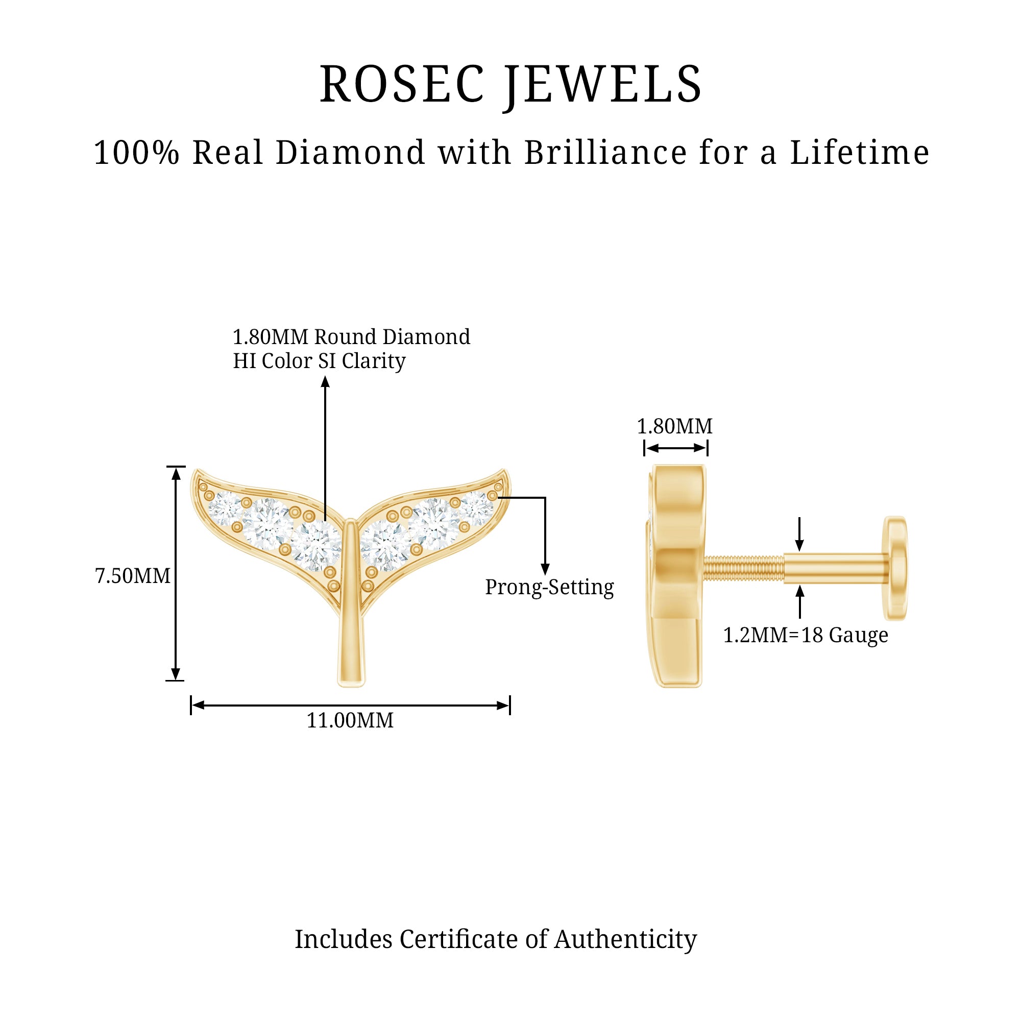 Certified Diamond Whale Tail Earring for Helix Piercing Natural - ( HI-SI ) - Rosec Jewels