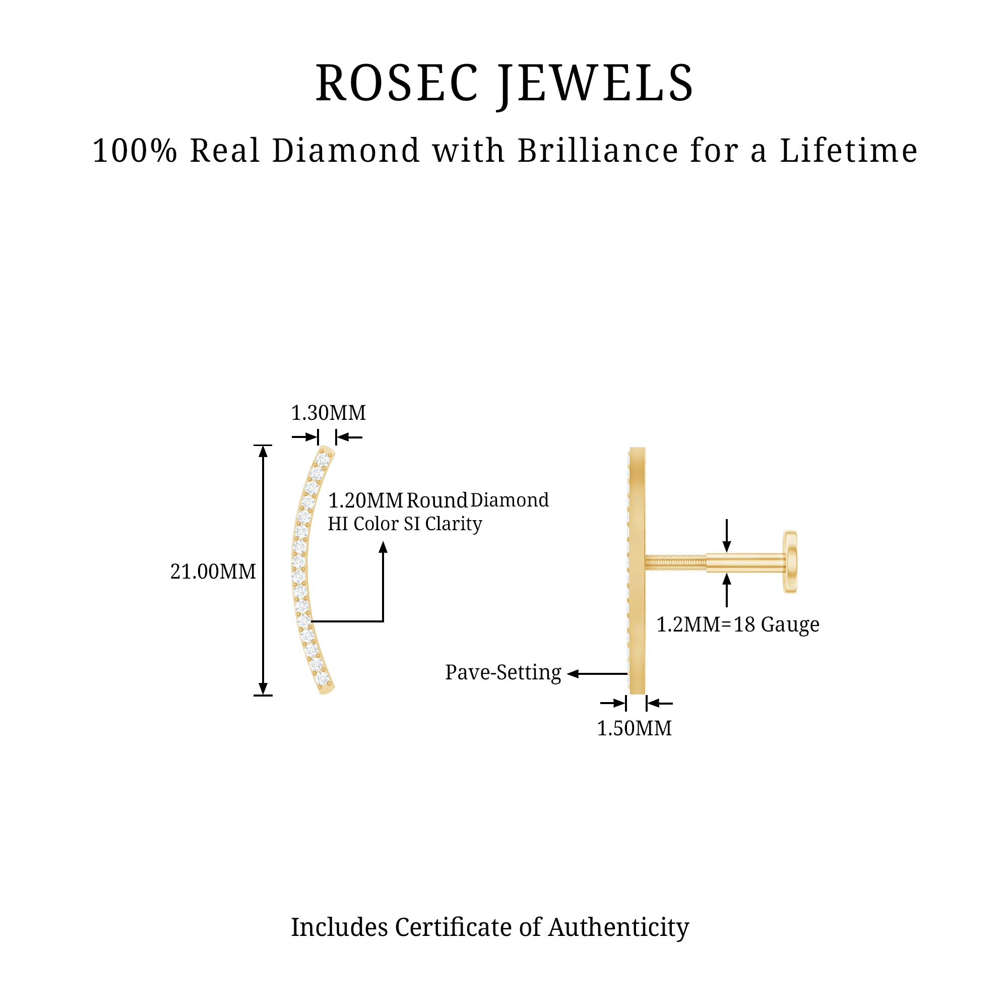 Pave Set Diamond Curved Bar Earring for Cartilage Piercing Natural - ( HI-SI ) - Rosec Jewels