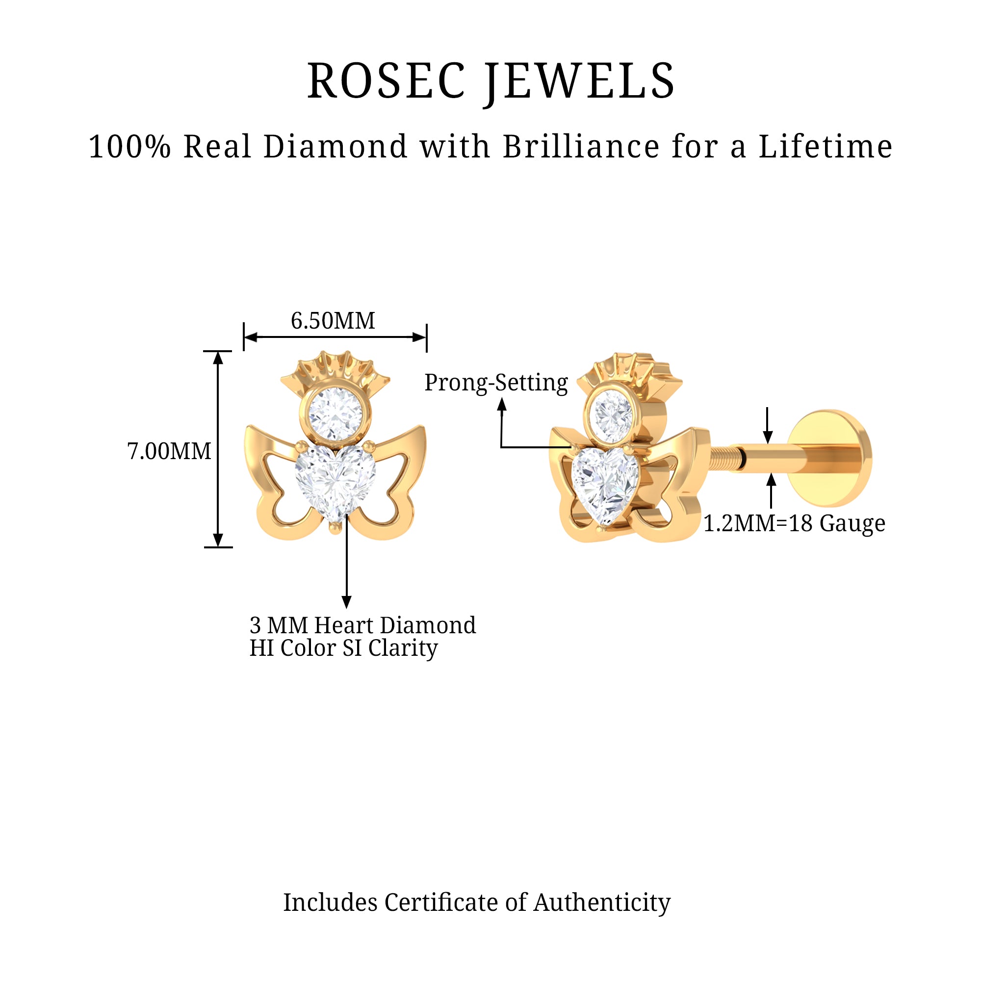 Heart Diamond Angel Earring for Helix Piercing Natural - ( HI-SI ) - Rosec Jewels