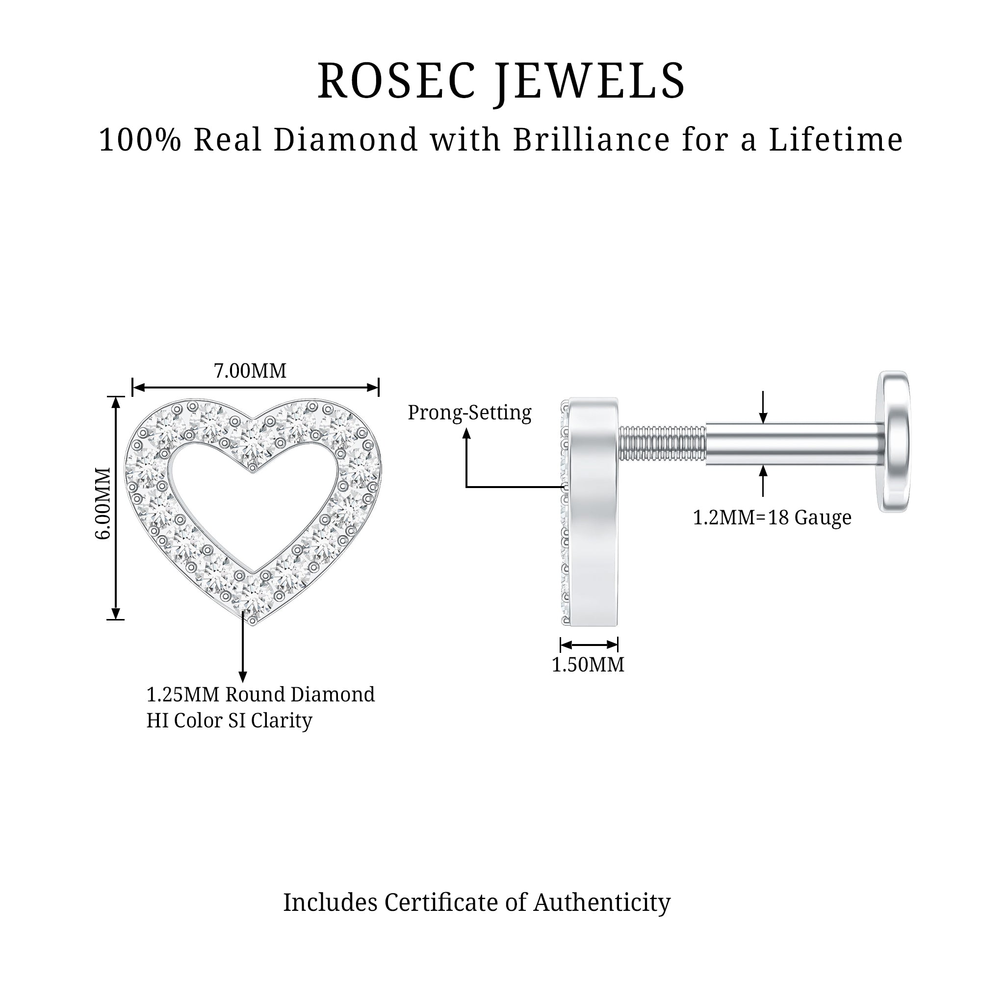 Cute Diamond Open Heart Earring for Helix Piercing Natural - ( HI-SI ) - Rosec Jewels