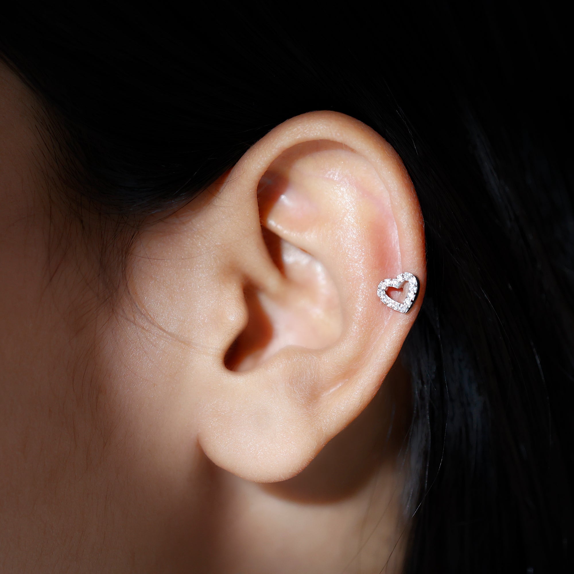 Cute Diamond Open Heart Earring for Helix Piercing Natural - ( HI-SI ) - Rosec Jewels