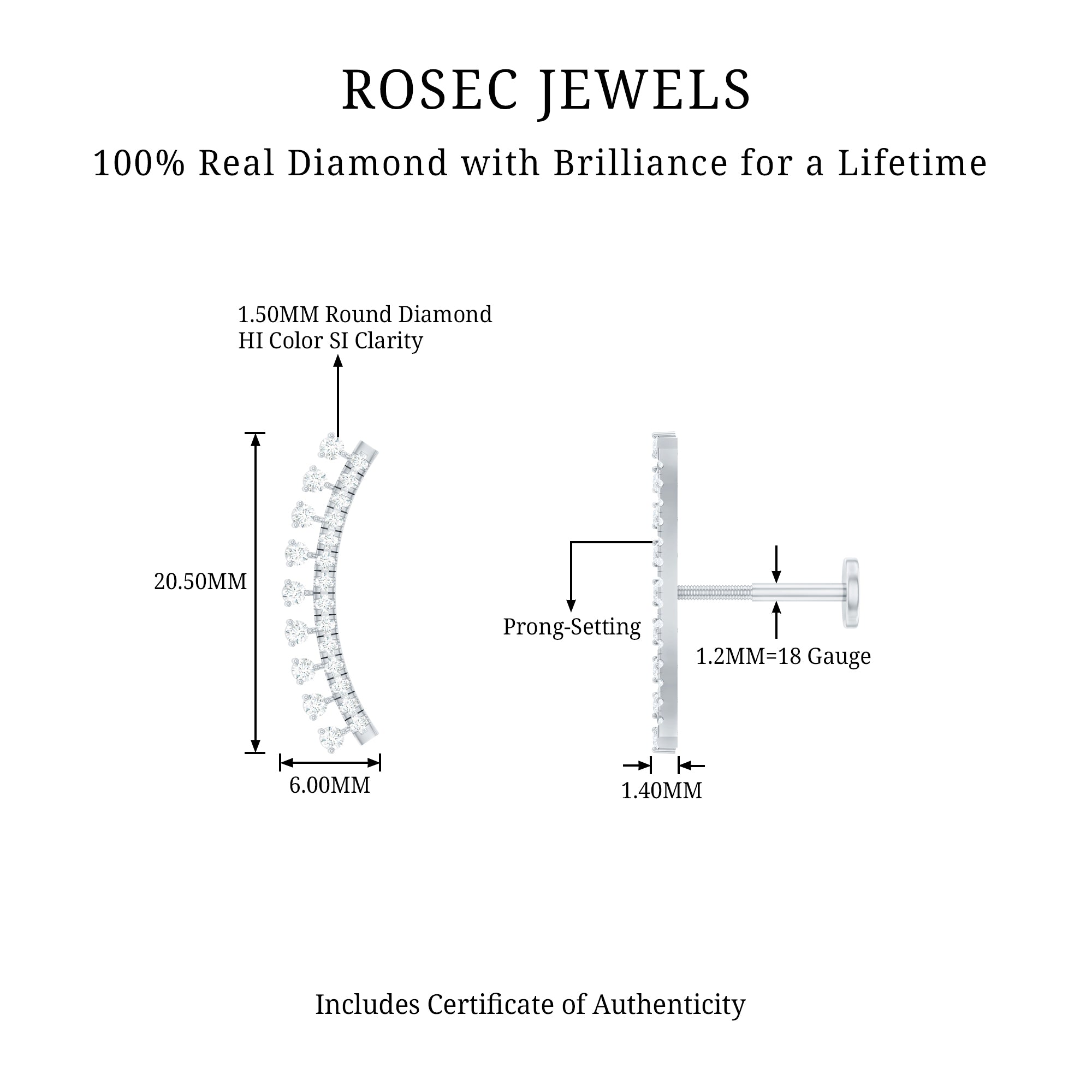 Minimal Diamond Crawler Earring for Cartilage Piercing Natural - ( HI-SI ) - Rosec Jewels