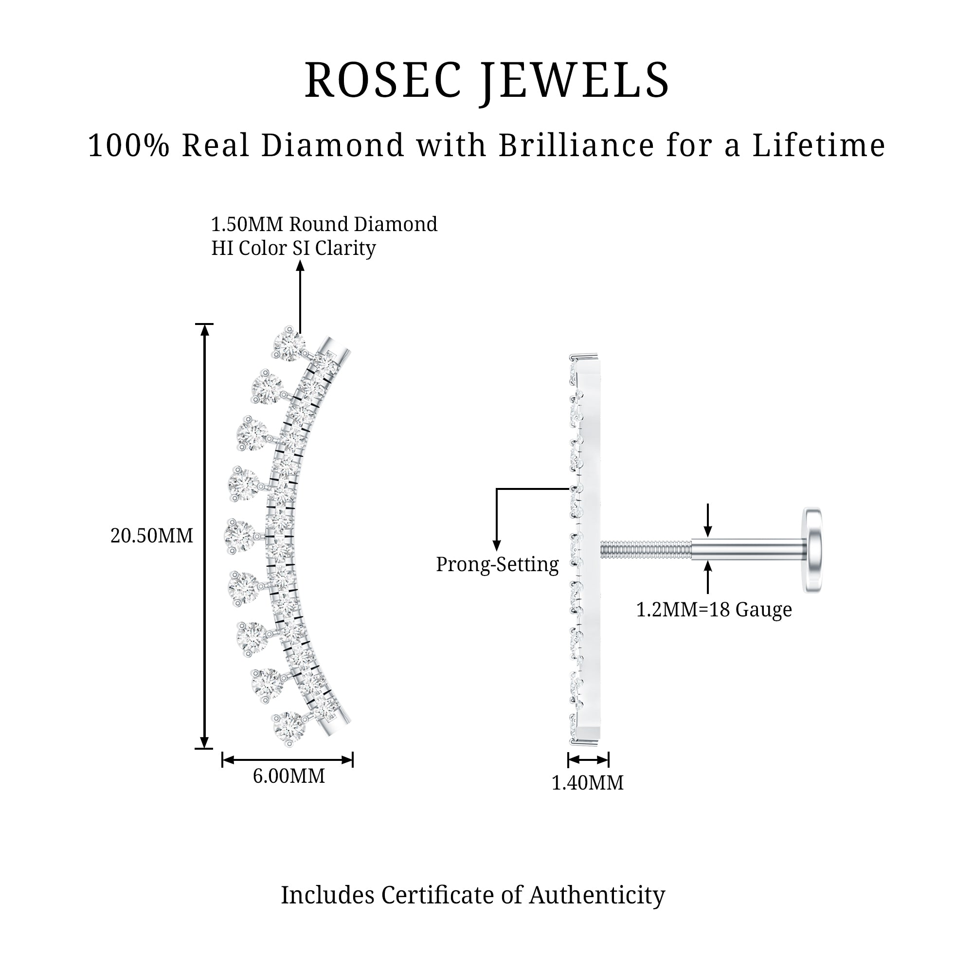 Minimal Diamond Crawler Earring for Cartilage Piercing Natural - ( HI-SI ) - Rosec Jewels