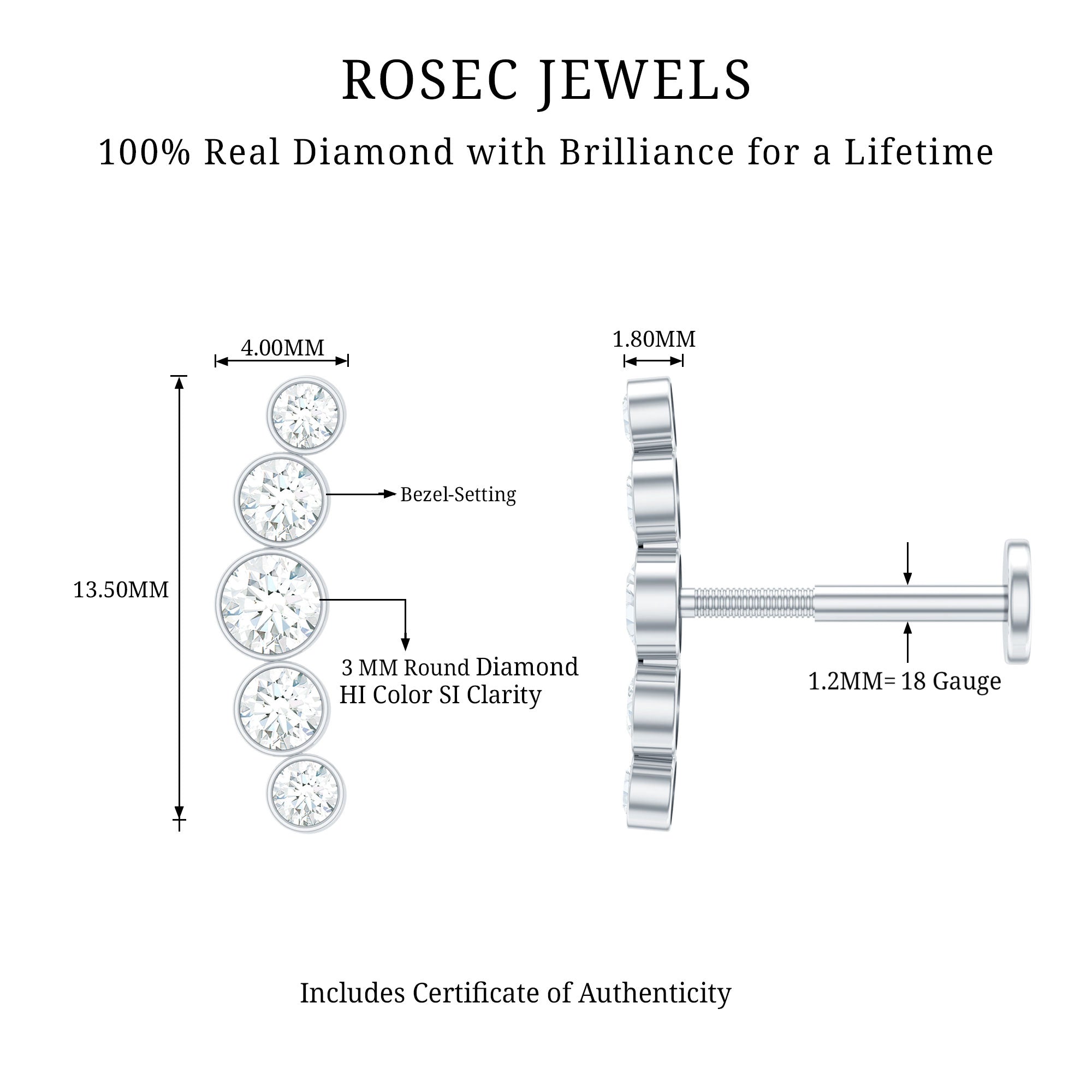 Graduated Style Diamond Crawler Earring for Helix Piercing Natural - ( HI-SI ) - Rosec Jewels