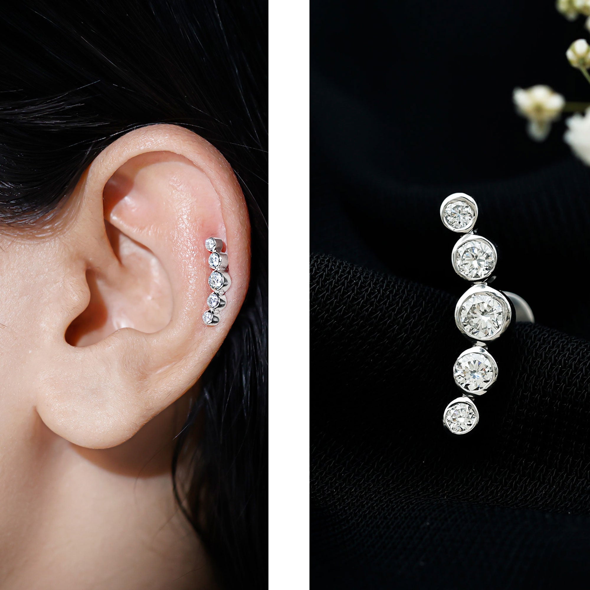 Graduated Style Diamond Crawler Earring for Helix Piercing Natural - ( HI-SI ) - Rosec Jewels