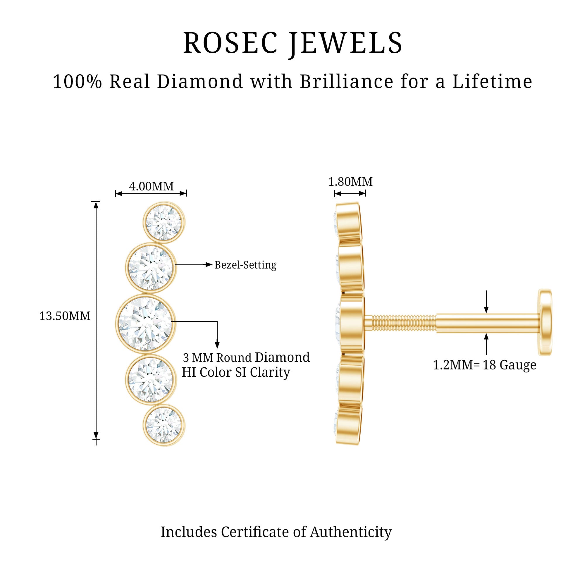 Graduated Style Diamond Crawler Earring for Helix Piercing Natural - ( HI-SI ) - Rosec Jewels