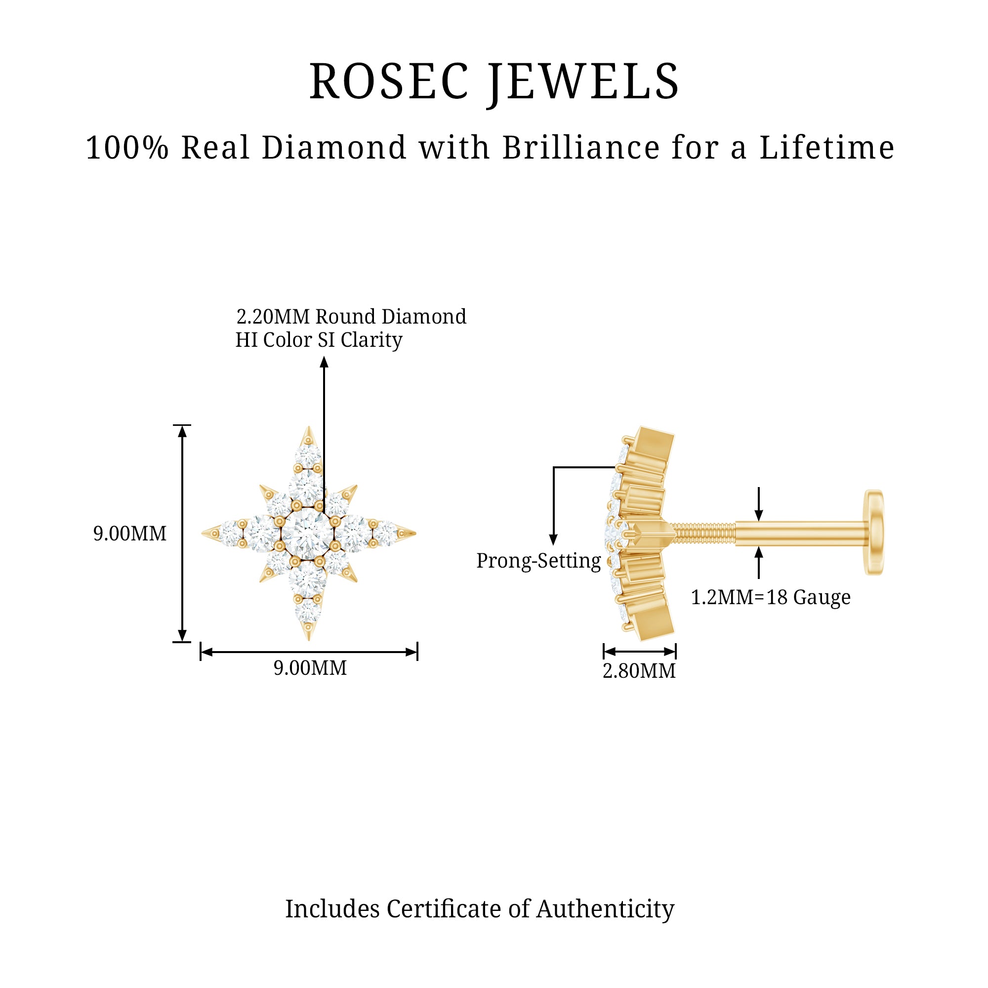 Sparkling Diamond Starburst Earring for Cartilage Piercing Natural - ( HI-SI ) - Rosec Jewels