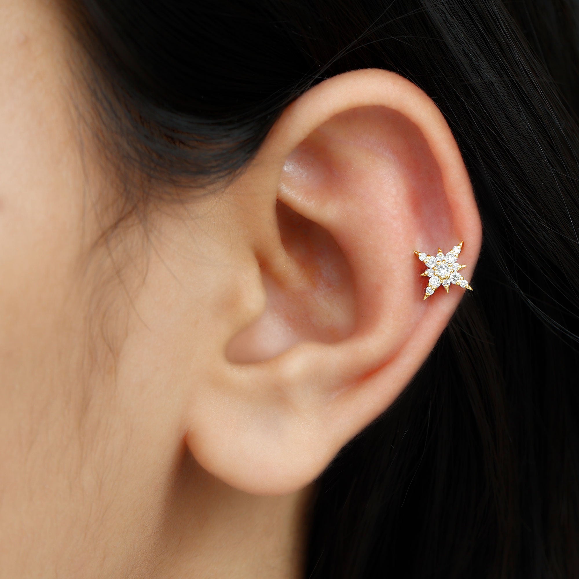 Sparkling Diamond Starburst Earring for Cartilage Piercing Natural - ( HI-SI ) - Rosec Jewels