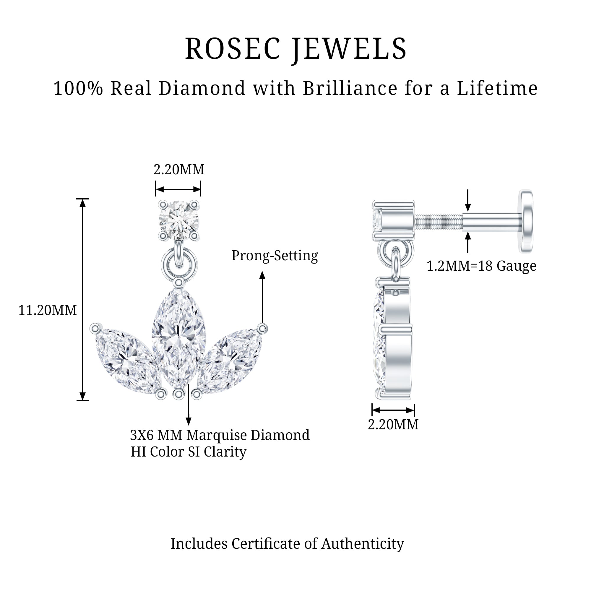 Marquise Diamond Lotus Cartilage Drop Earring Natural - ( HI-SI ) - Rosec Jewels