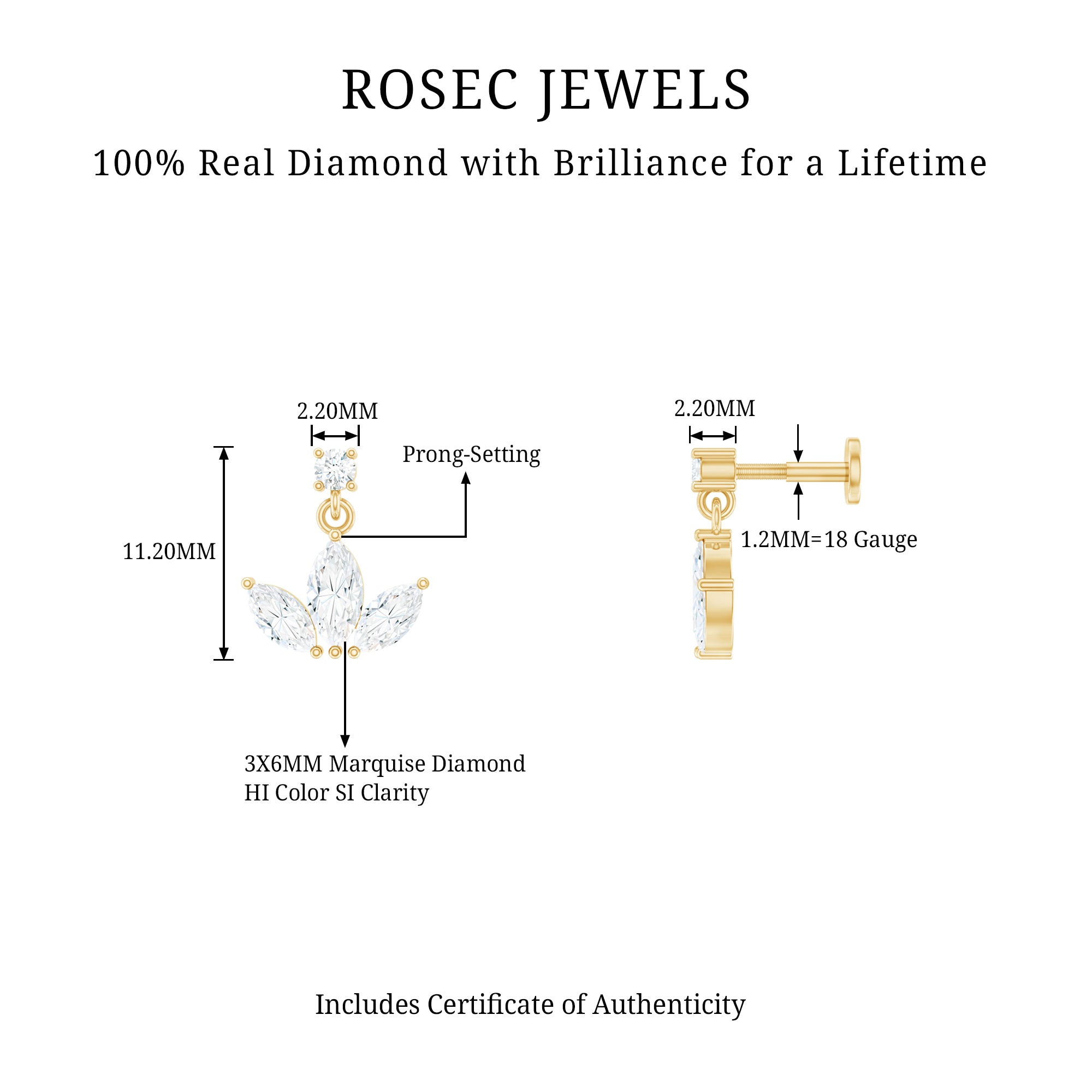 Marquise Diamond Lotus Cartilage Drop Earring Natural - ( HI-SI ) - Rosec Jewels