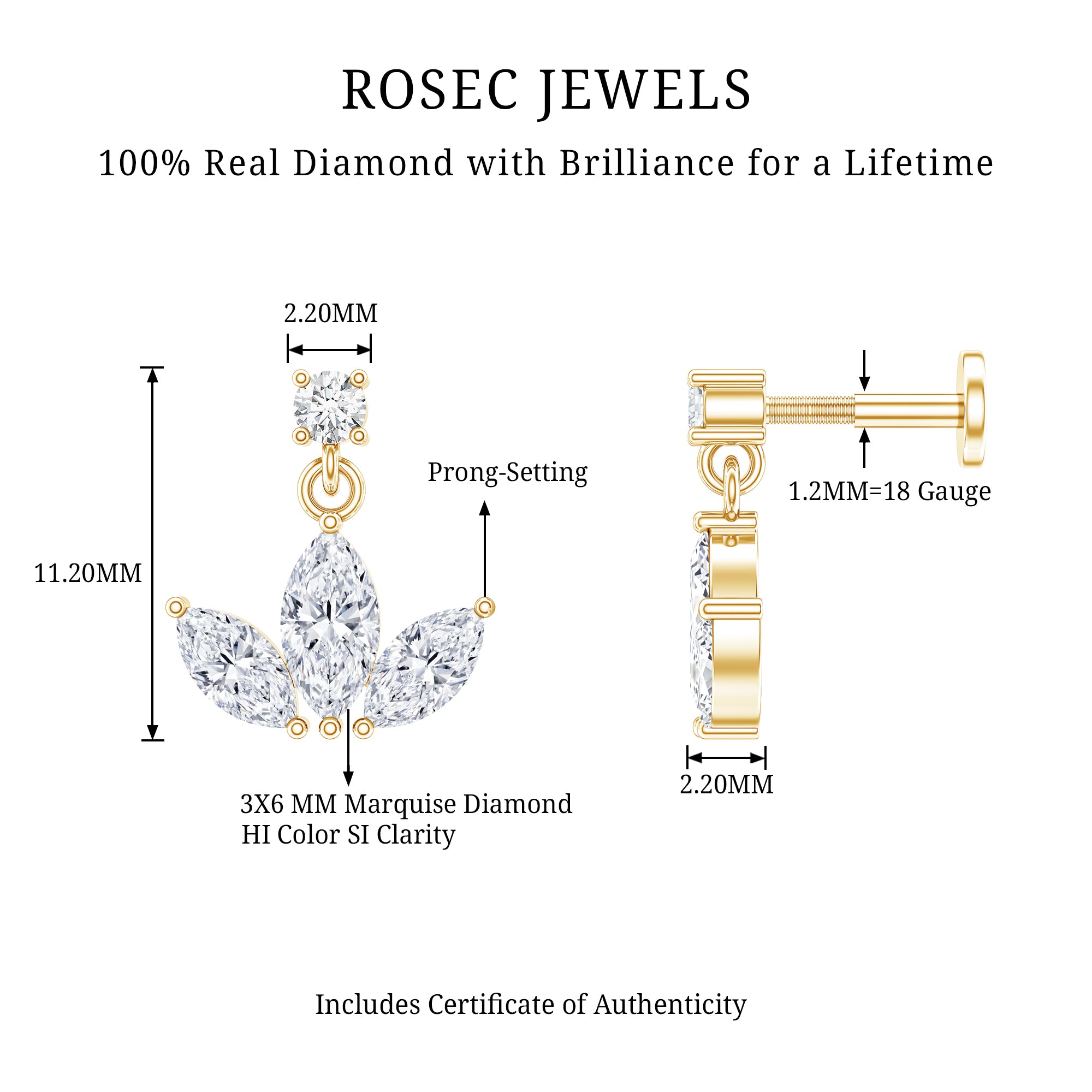 Marquise Diamond Lotus Cartilage Drop Earring Natural - ( HI-SI ) - Rosec Jewels