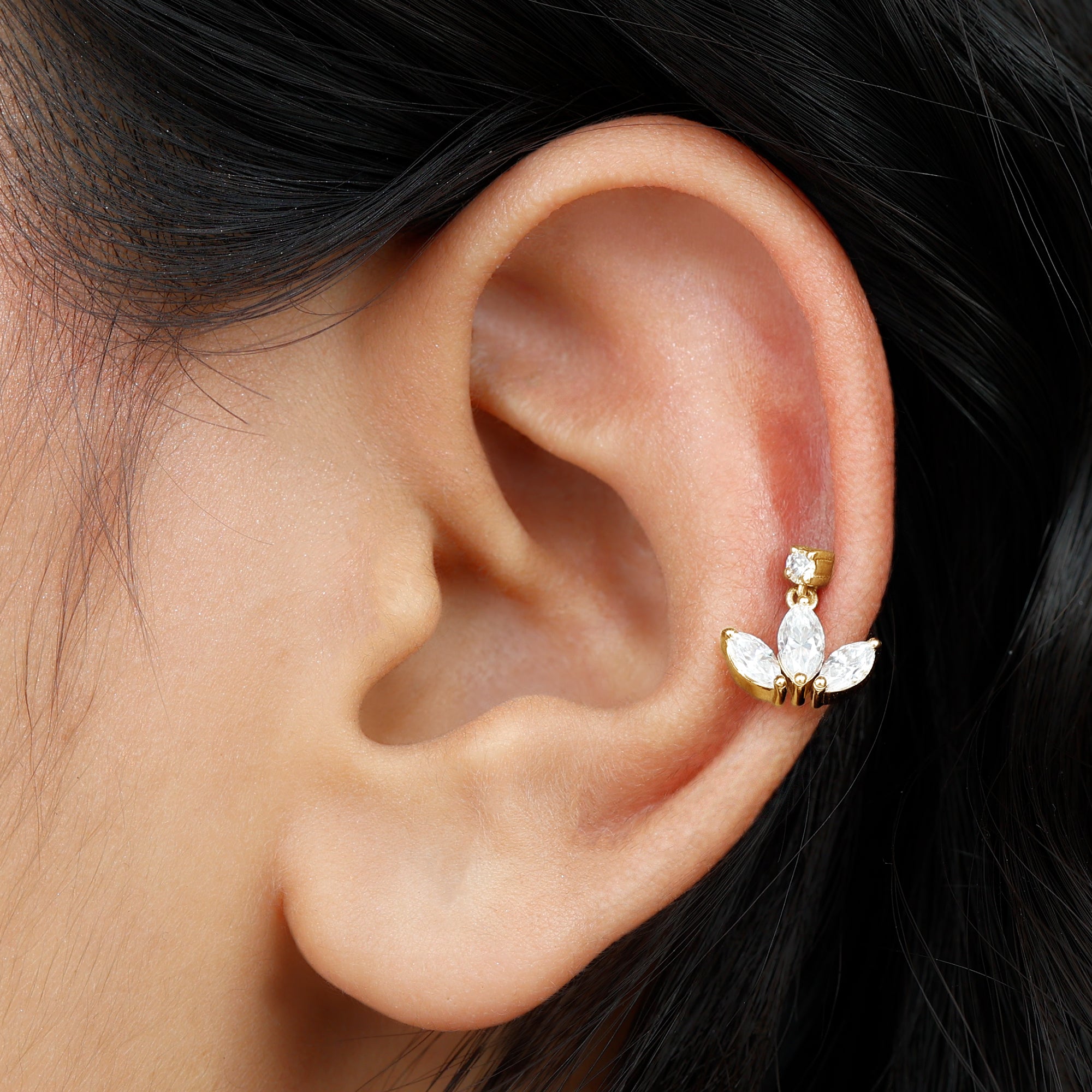 Marquise Diamond Lotus Cartilage Drop Earring Natural - ( HI-SI ) - Rosec Jewels