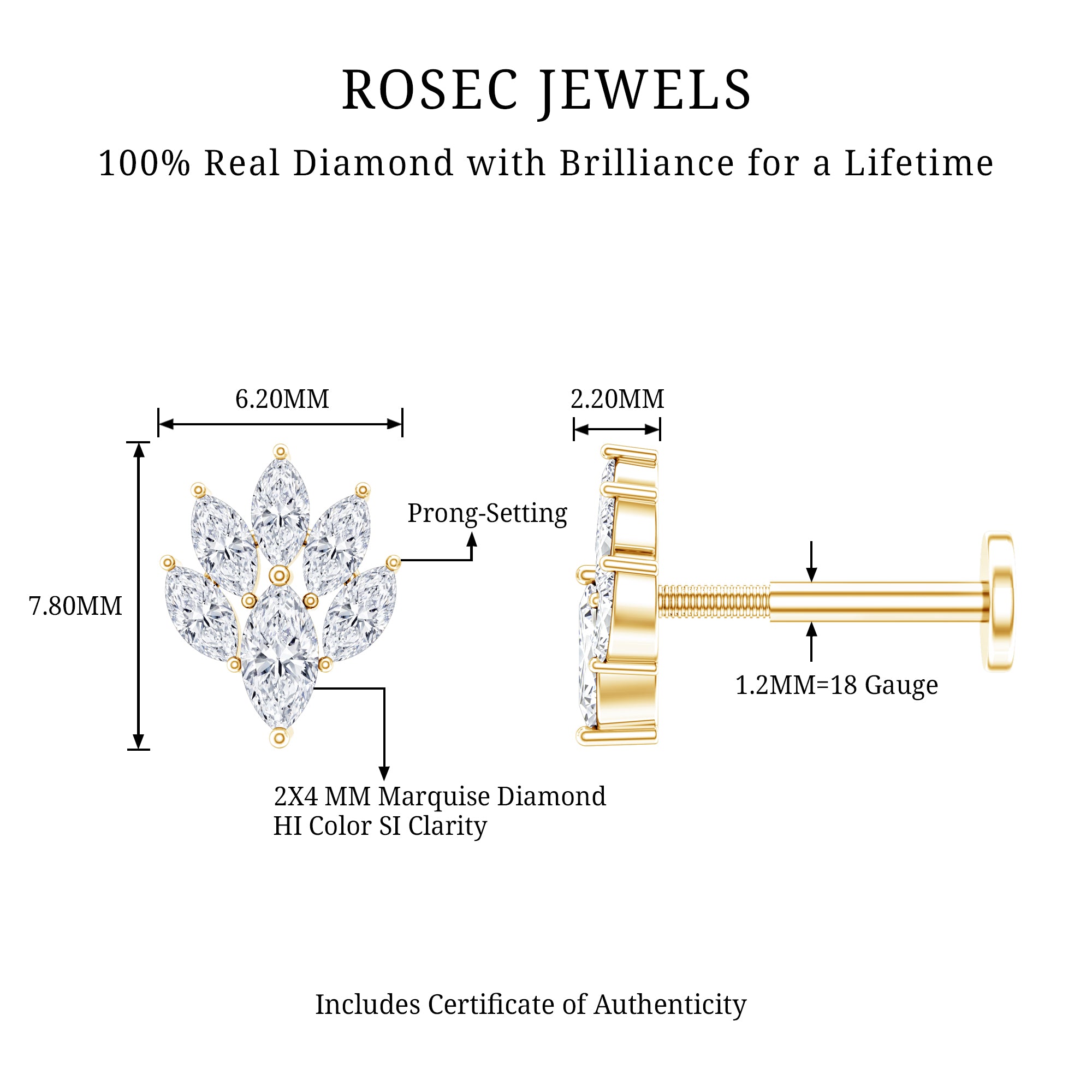 Marquise Diamond Leaf Cluster Helix Earring Natural - ( HI-SI ) - Rosec Jewels